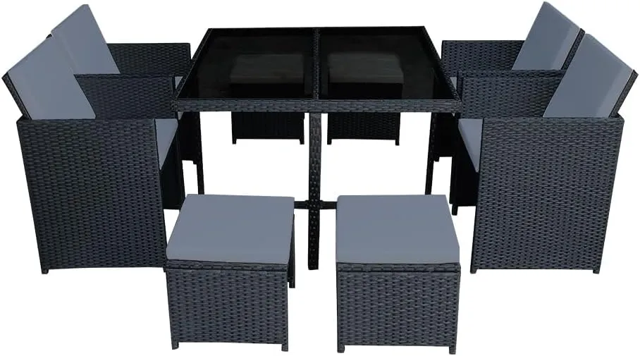 Bild von Panana Rattan Gartenmöbel-Set für 8 Personen mit Esstisch und gepolsterten Stühlen in Schwarz mit grauen Kissen