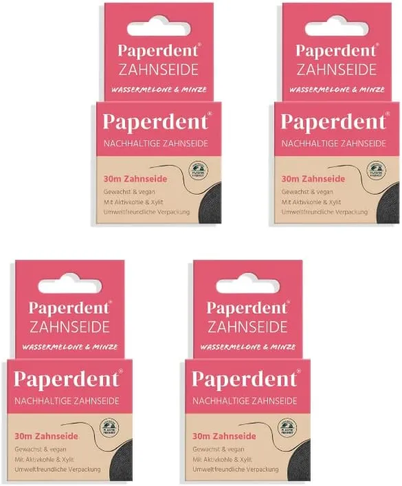 Bild von Paperdent 4er Set Zahnseide mit Wassermelonen- und Minzgeschmack, gewachst und vegan in umweltfreundlicher Verpackung