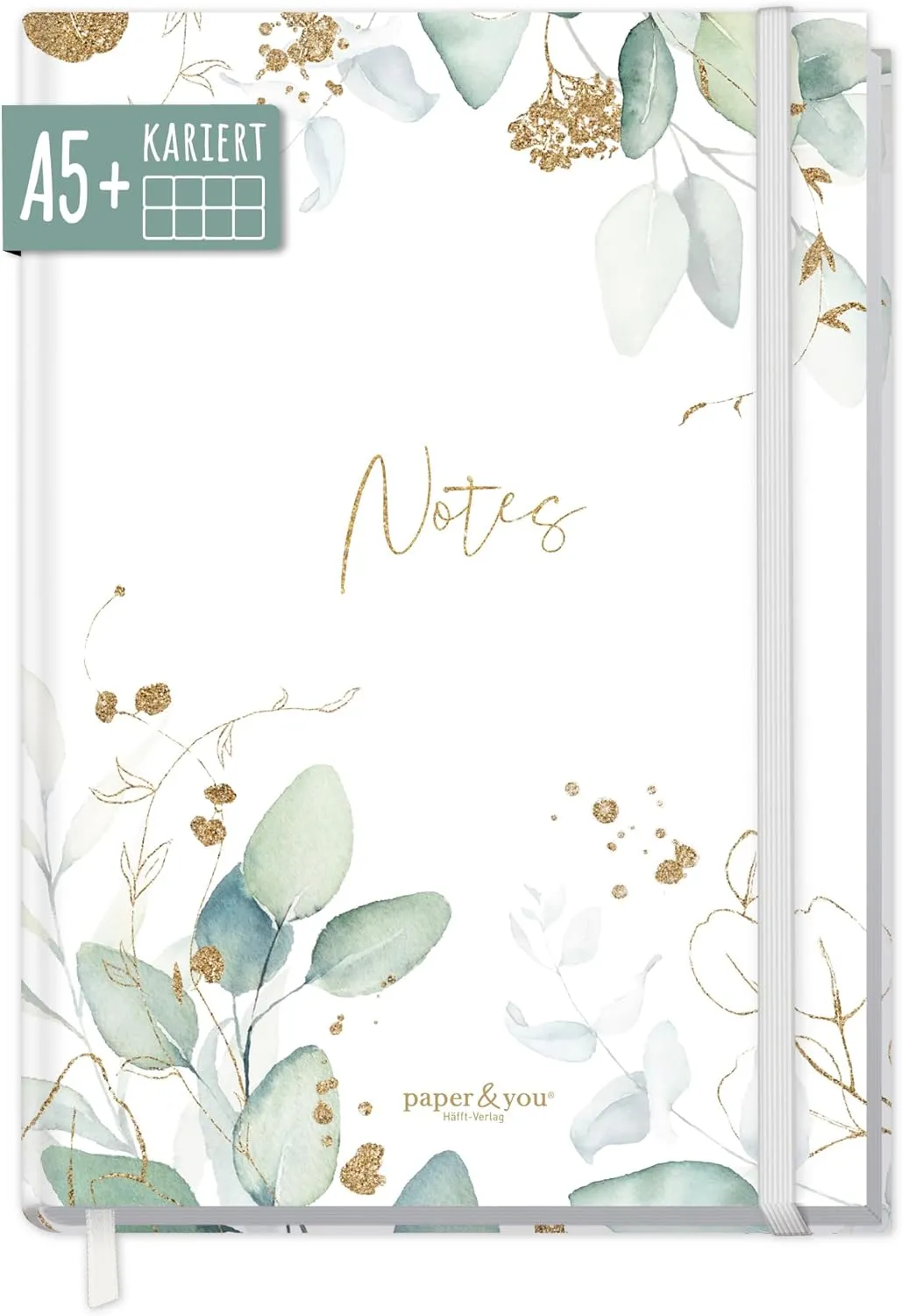 Bild von paper&you Notizbuch A5+ kariert mit Gummiband in Blattgold, 156 Seiten, nachhaltig und klimafreundlich