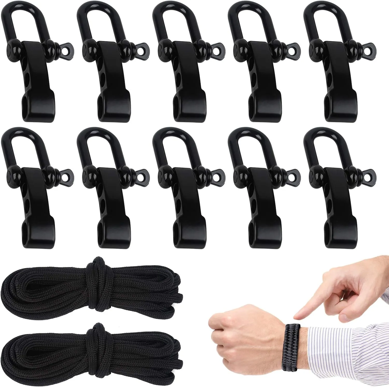 Bild von Paracord Bastelset mit 10 Edelstahl Schäkel für Outdoor Survival Armbänder in Schwarz