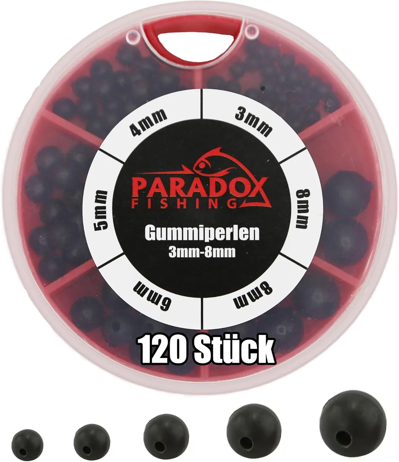 Bild von Paradox Fishing Gummiperlen Set mit 120 Stück in den Größen 3mm bis 8mm, ideal für Angeln und als Zubehör für Gummistopper