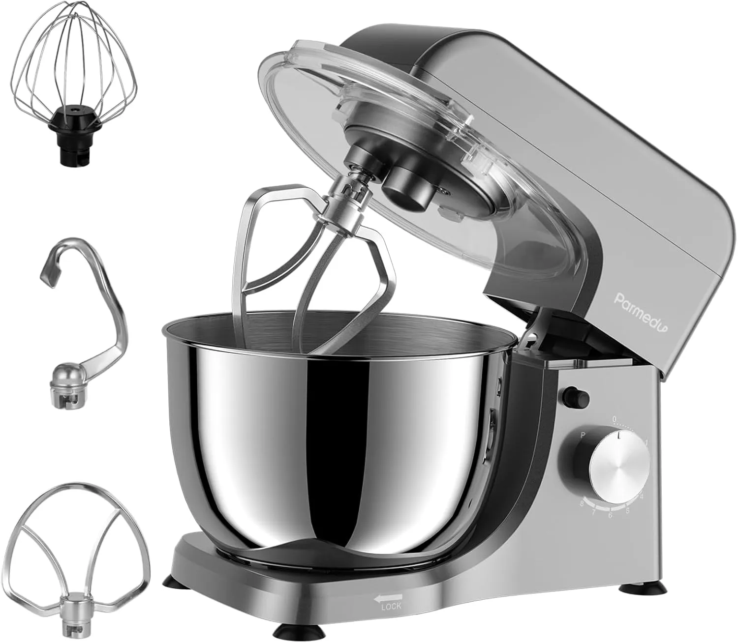 Bild von Parmedu elektrische Küchenmaschine mit 380 Watt, 8-Gang, Kippkopf und 4,5 Liter Edelstahlrührschüssel, inklusive Deckel, Schneebesen, Knethaken und Flachrührer