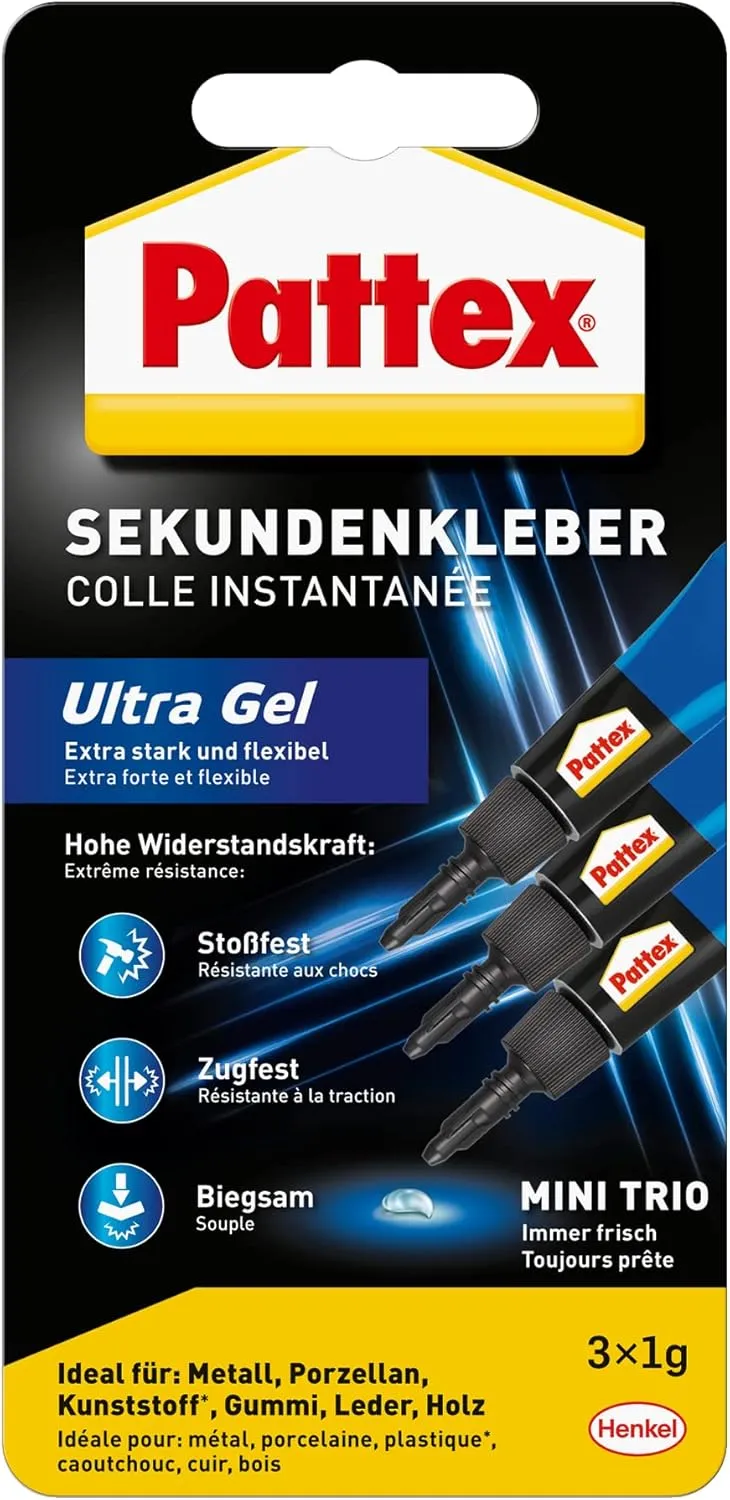Bild von Pattex Ultra Gel Mini Trio mit 3 Tuben à 1 g, flexibler und starker Sekundenkleber für Gummi, Leder und Holz