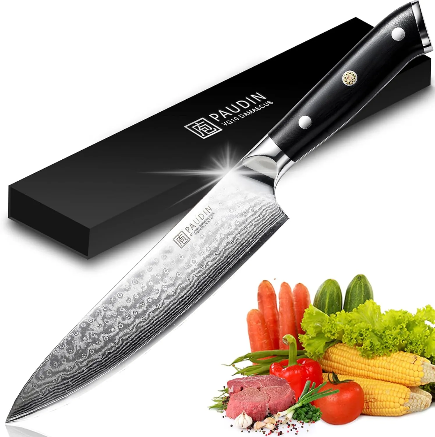 Bild von PAUDIN Damastmesser 20 cm mit ergonomischem G10-Griff aus VG10-Stahl