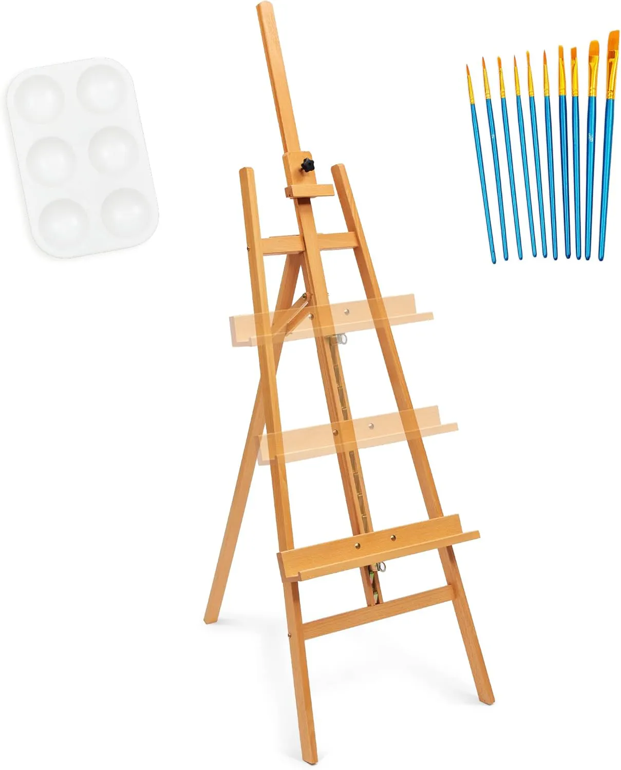 Bild von Paulson & Svenson Staffelei Set aus Buchenholz mit Höhenverstellung für Leinwände bis 117 cm, inklusive Mischpalette und Pinselset
