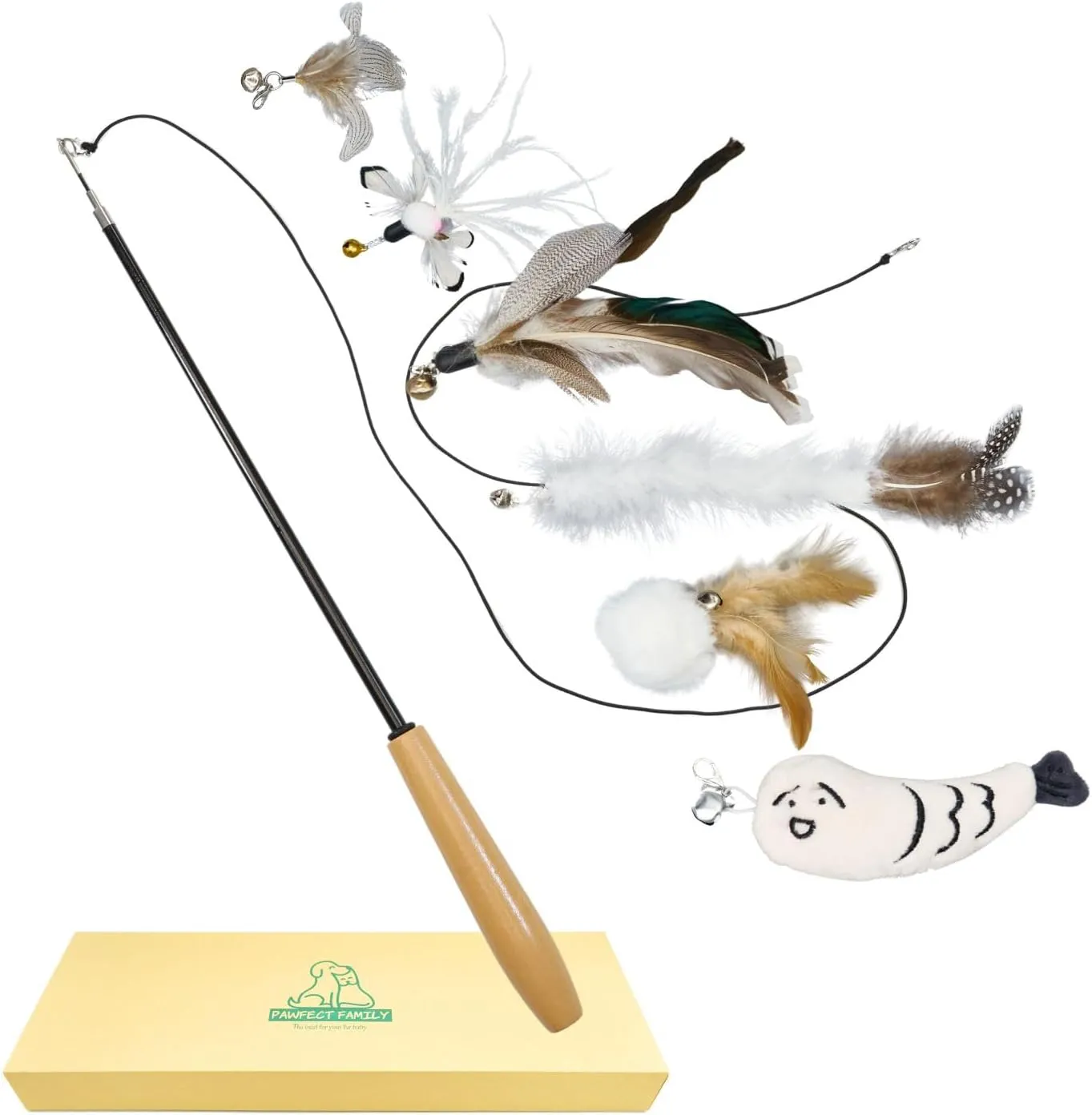 Bild von Pawfect Family Interaktives Katzenspielzeug Set mit Holzgriff und 6 Anhängern, ausziehbare Stange von 40 bis 102 cm