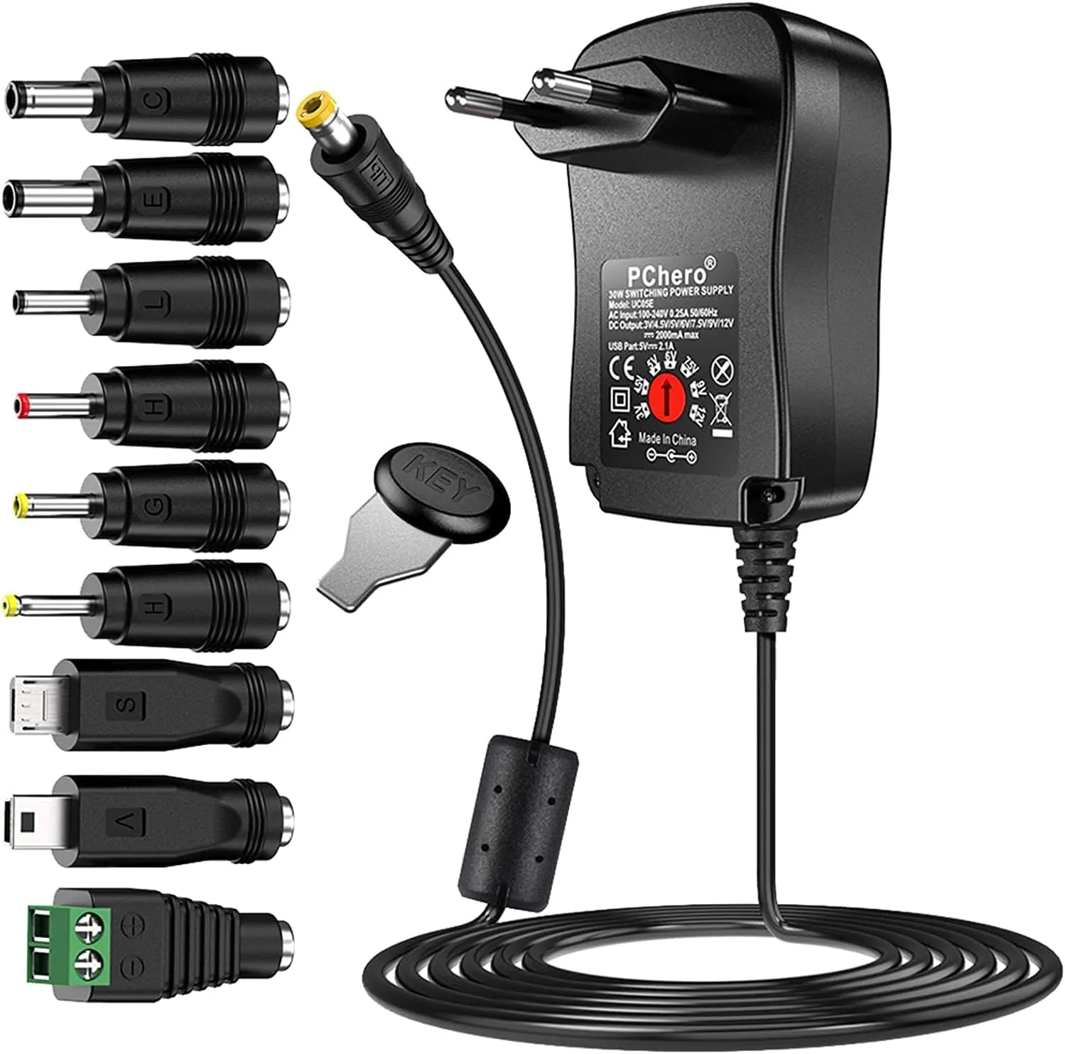 Bild von PChero 30W Universal AC/DC Adapter mit 9 Adaptertipps für 3V bis 12V Haushaltsgeräte und LED-Streifen