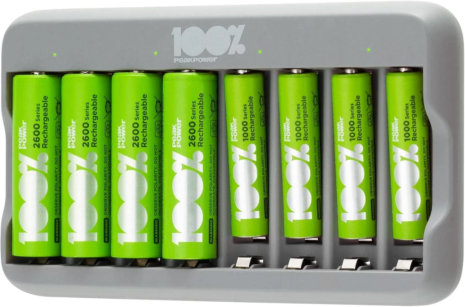 Bild von PeakPower Akku Ladegerät mit 8 Akkus, 4 AA und 4 AAA, Überladeschutz und Sicherheits-Timer