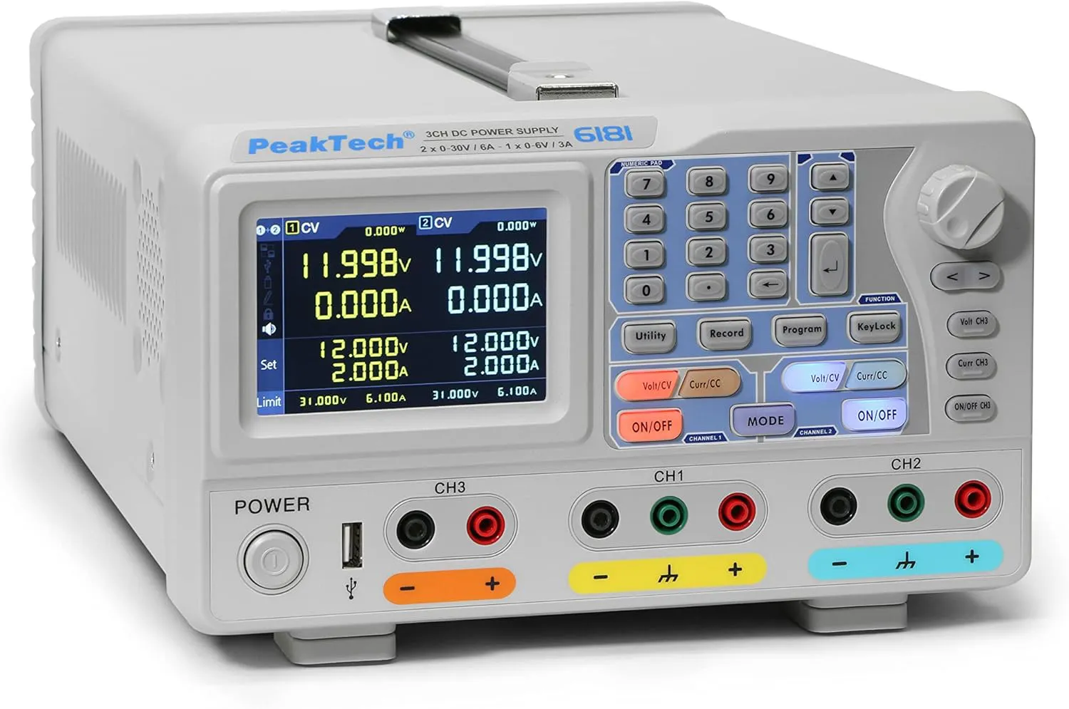 Bild von PeakTech 6181 2-Kanal Labornetzteil mit 0-30V und 6A, TFT Farbdisplay, Datenlogger und verschiedenen Anschlussmöglichkeiten