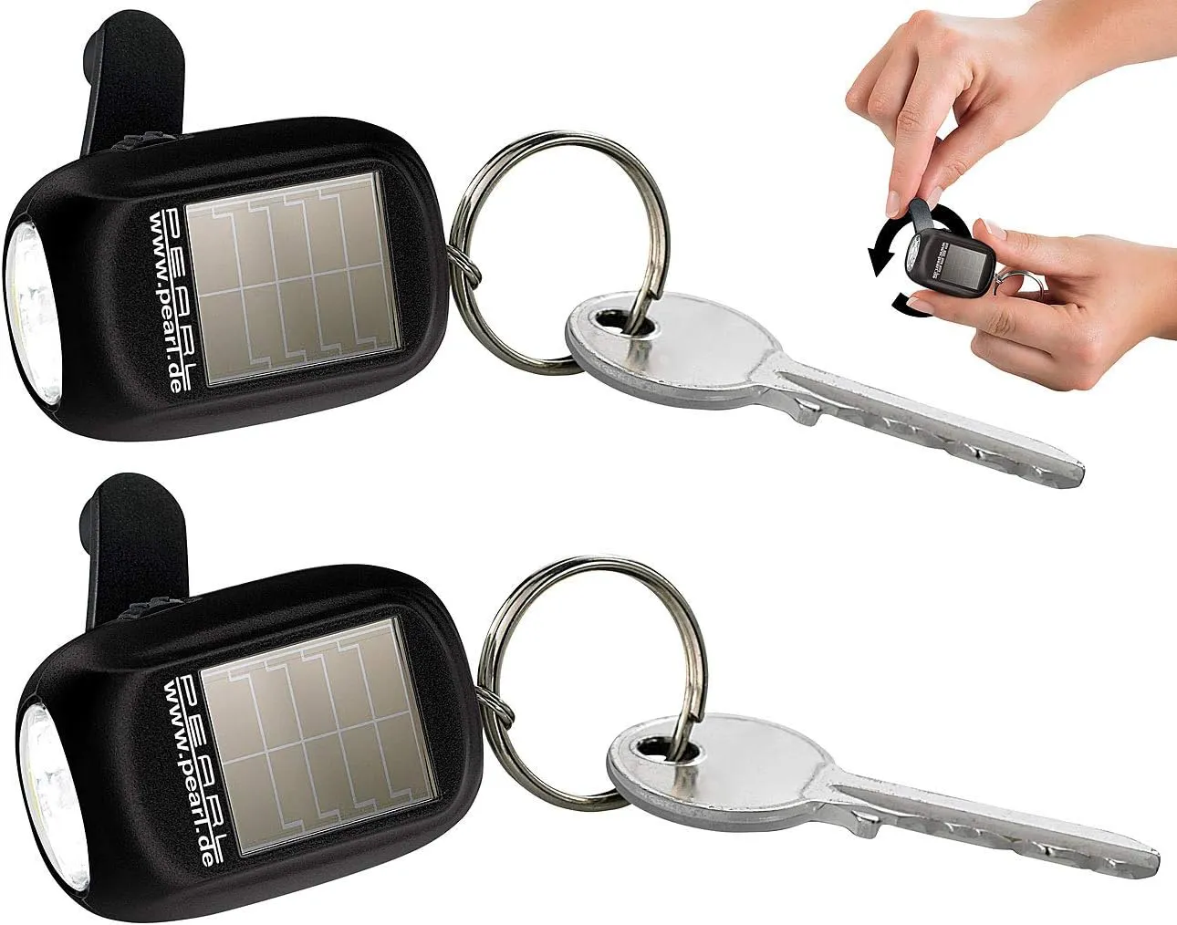 Bild von PEARL 2er-Set Mini-Solar-LED-Taschenlampen mit Dynamo und Schlüsselring, 8 Lumen