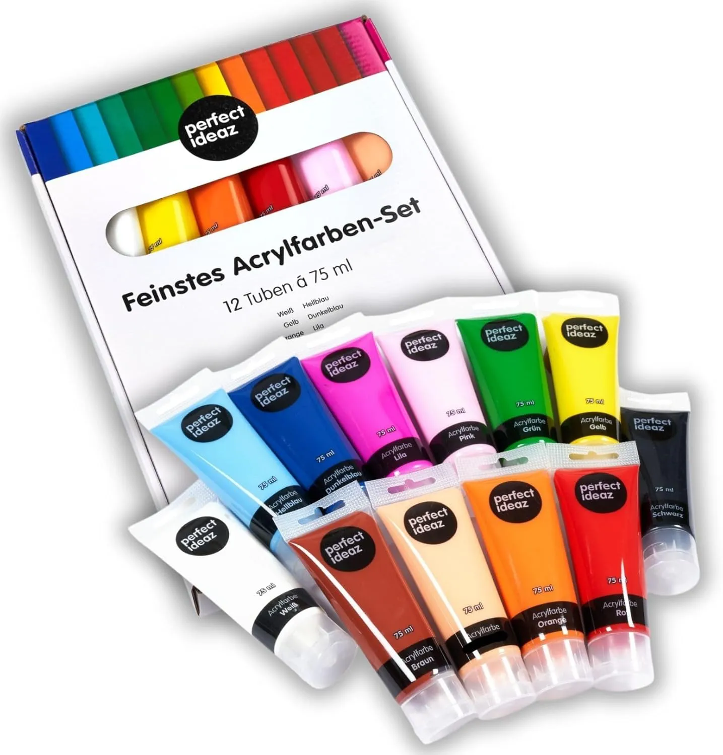 Bild von Perfect Ideaz Acrylfarben Set mit 12 x 75 ml in professioneller Wasserbasisqualität, ungiftig und ideal für kreatives Malen für Kinder und Erwachsene
