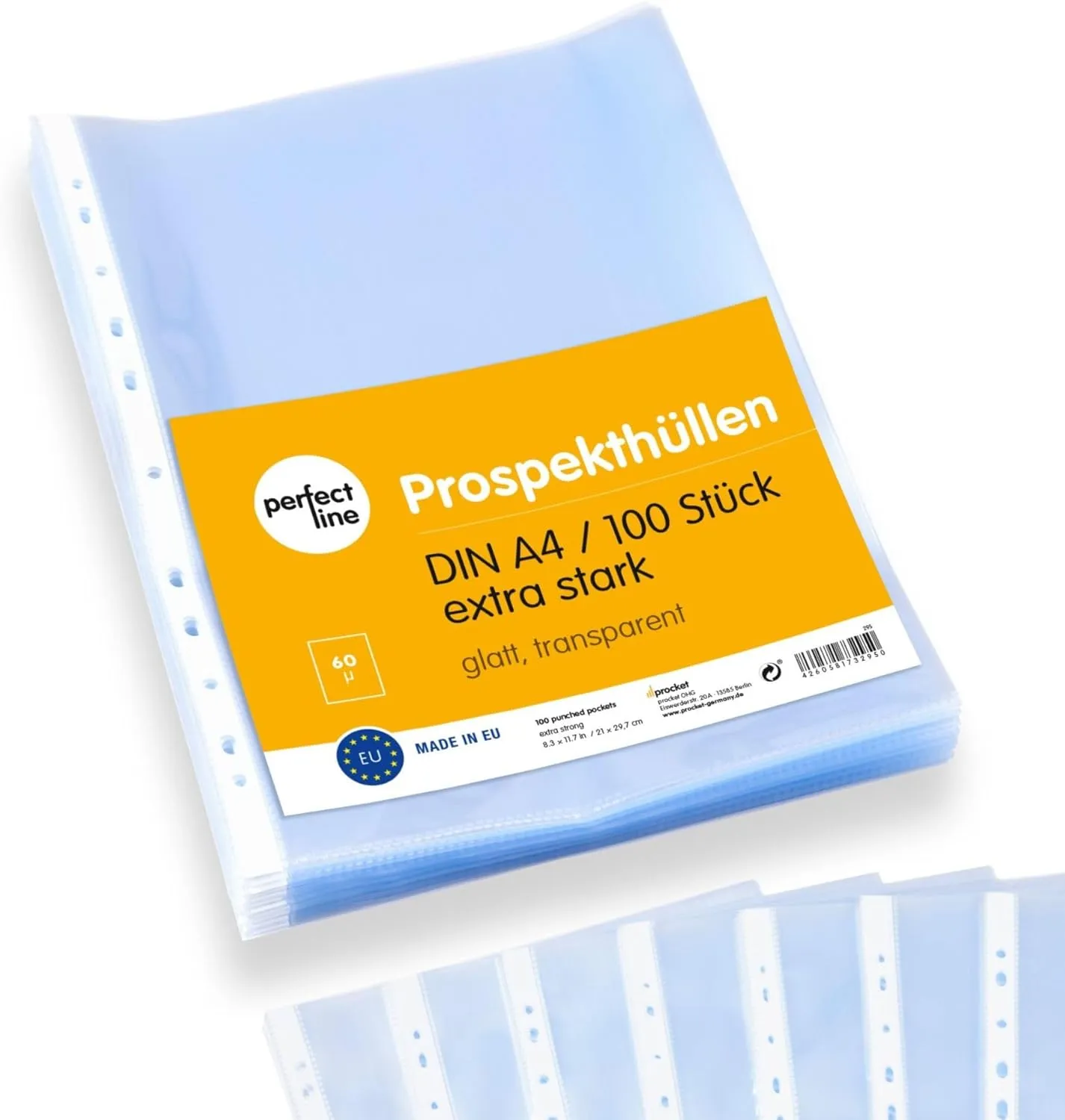 Bild von Perfect Line Prospekthüllen A4 Set mit 100 glasklaren Klarsichtfolien, 60 my stark und dokumentenecht