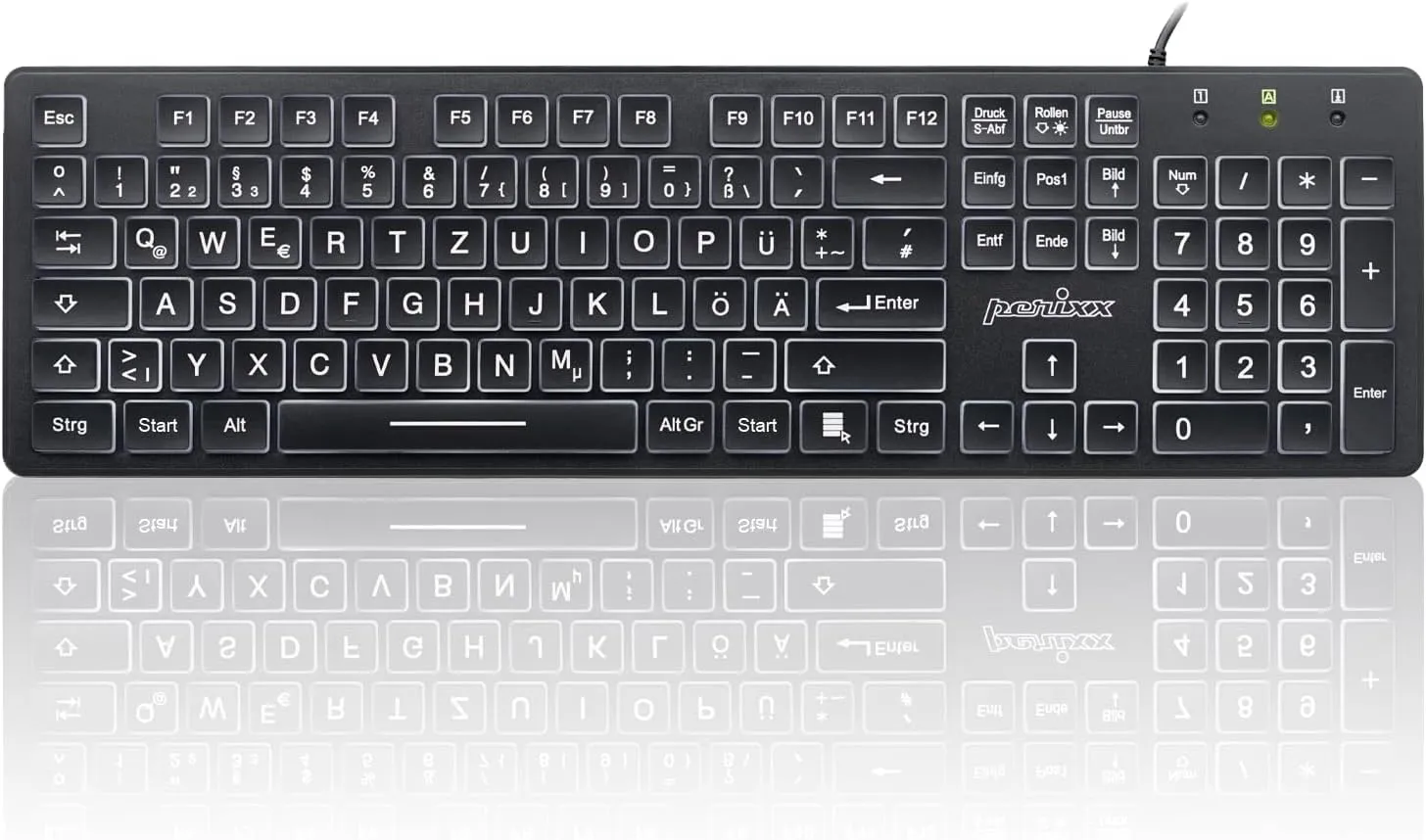 Bild von Perixx Periboard-317 Kabelgebundene Tastatur mit weißer LED Hintergrundbeleuchtung und großem QWERTZ Layout