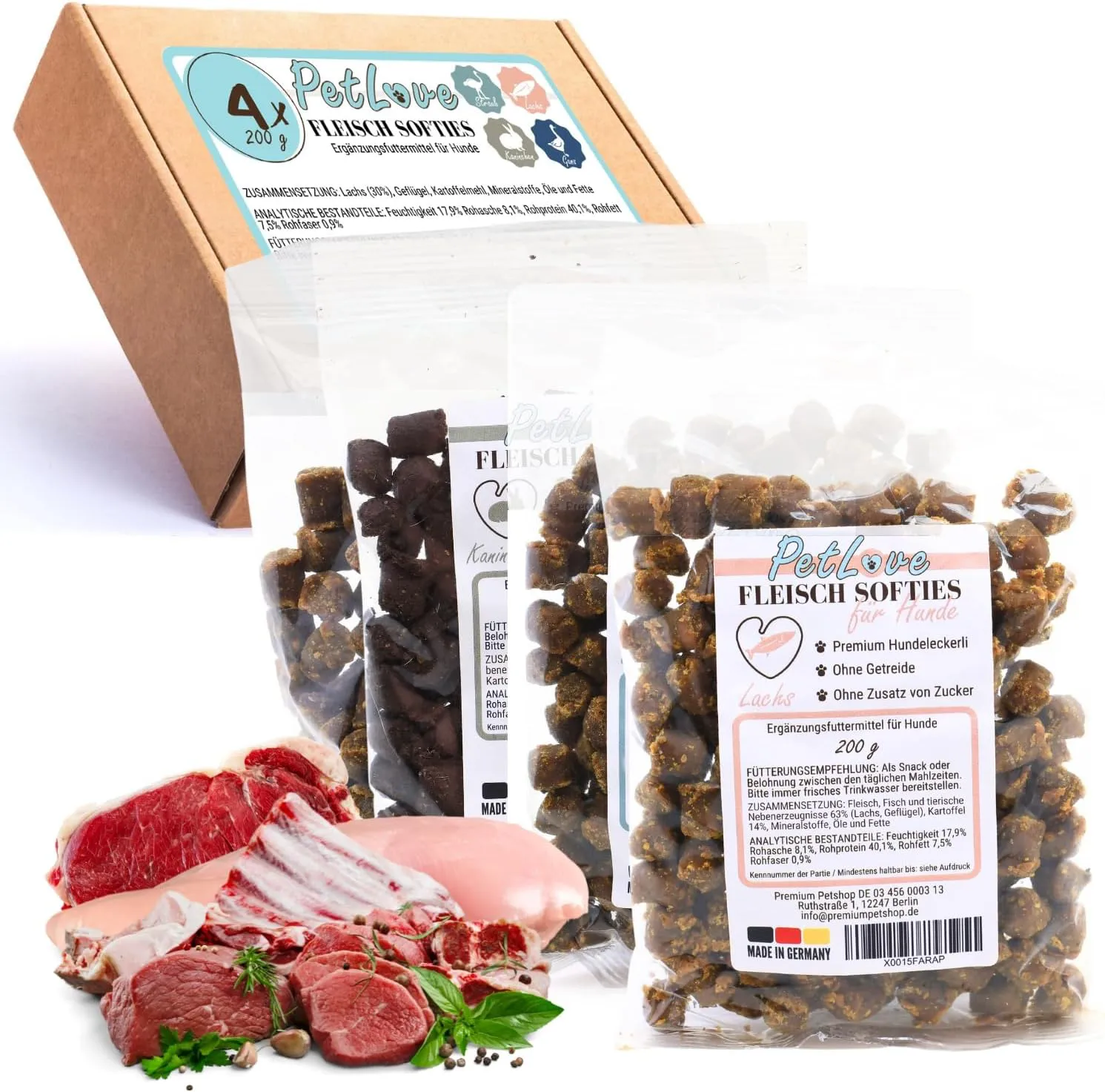 Bild von PetLove 100 Prozent Fleisch Softies für Hunde im 4er Mix mit Gans, Lachs, Kaninchen und Strauß, getreidefrei und ideal für das Training