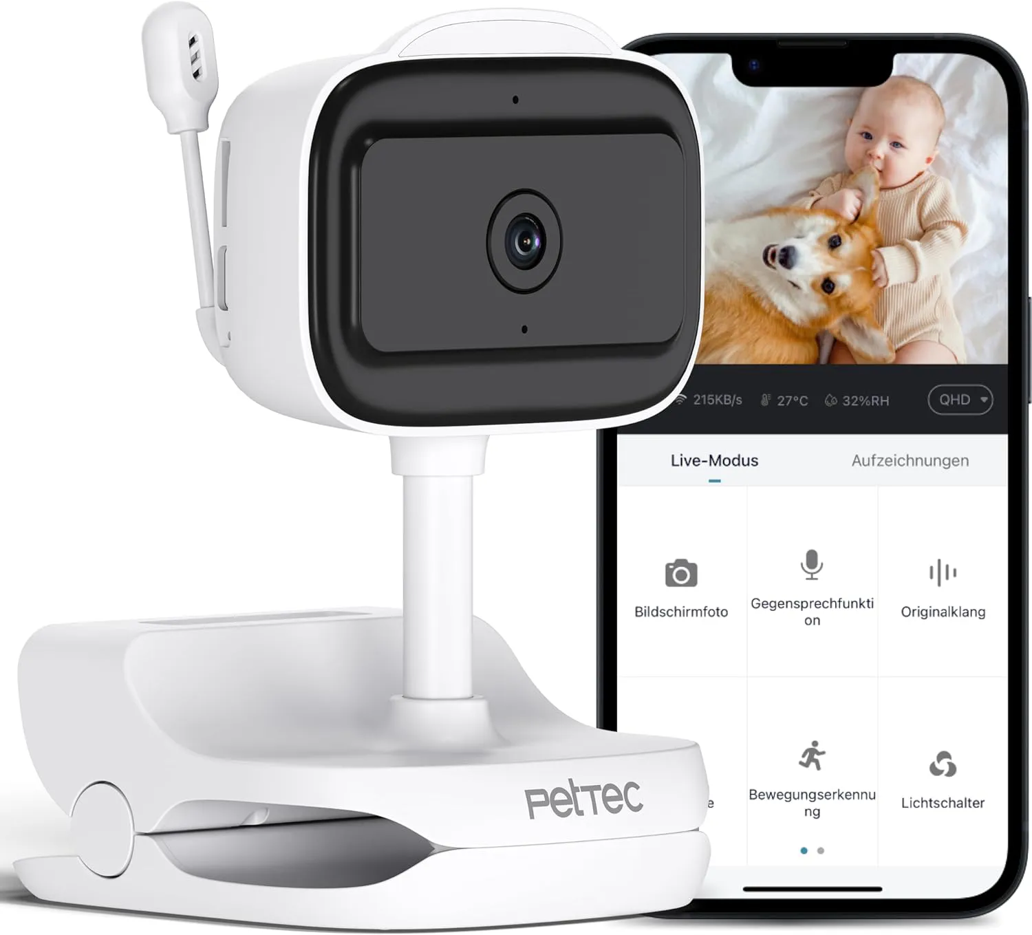 Bild von PetTec Cam Feel Sensor Überwachungskamera für Haustiere und Babys mit HD+ Auflösung, Bewegungs- und Geräuscherkennung sowie Nachtsichtfunktion
