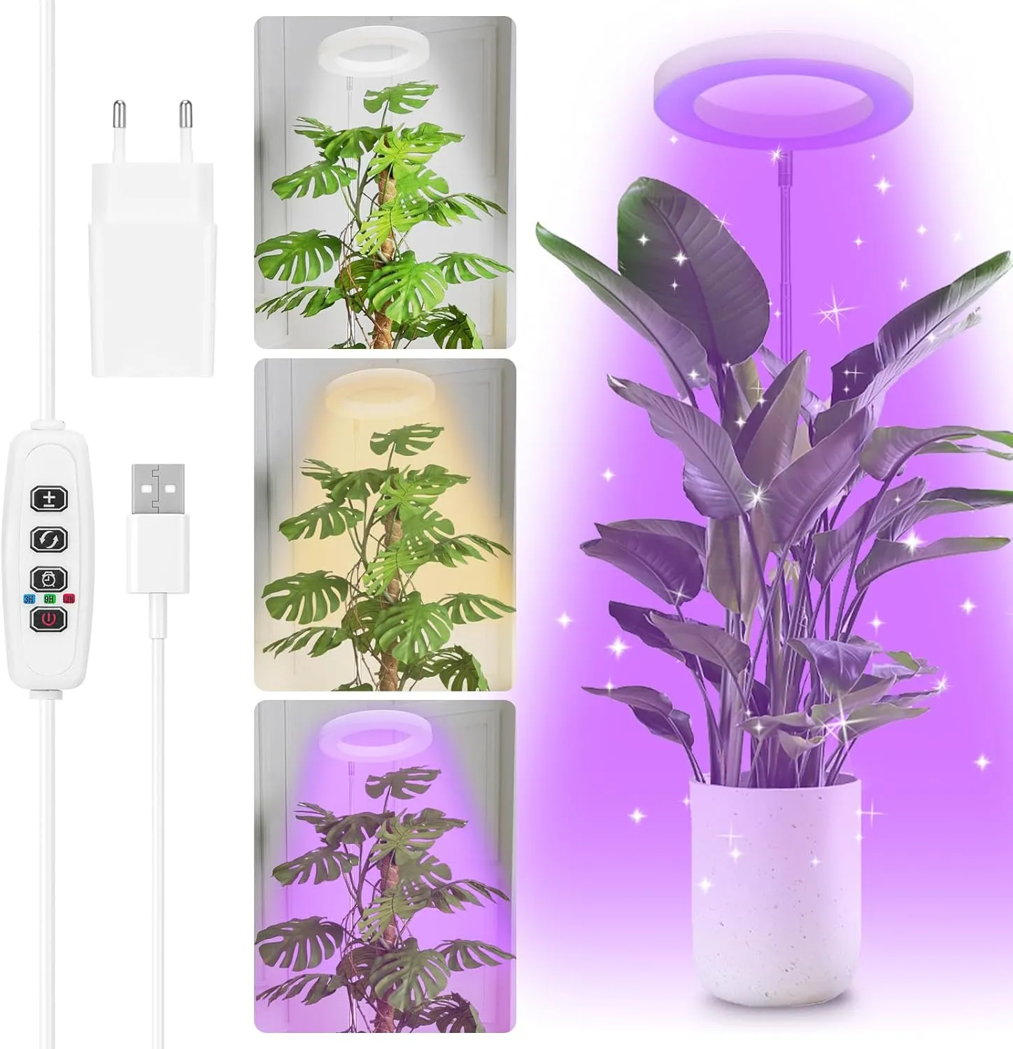 Bild von Pflanzenlampe LED Vollspektrum mit 160 cm, höhenverstellbar, Zeitschaltuhr und USB Adapter, 3 Lichtmodi und 10 Helligkeitsstufen