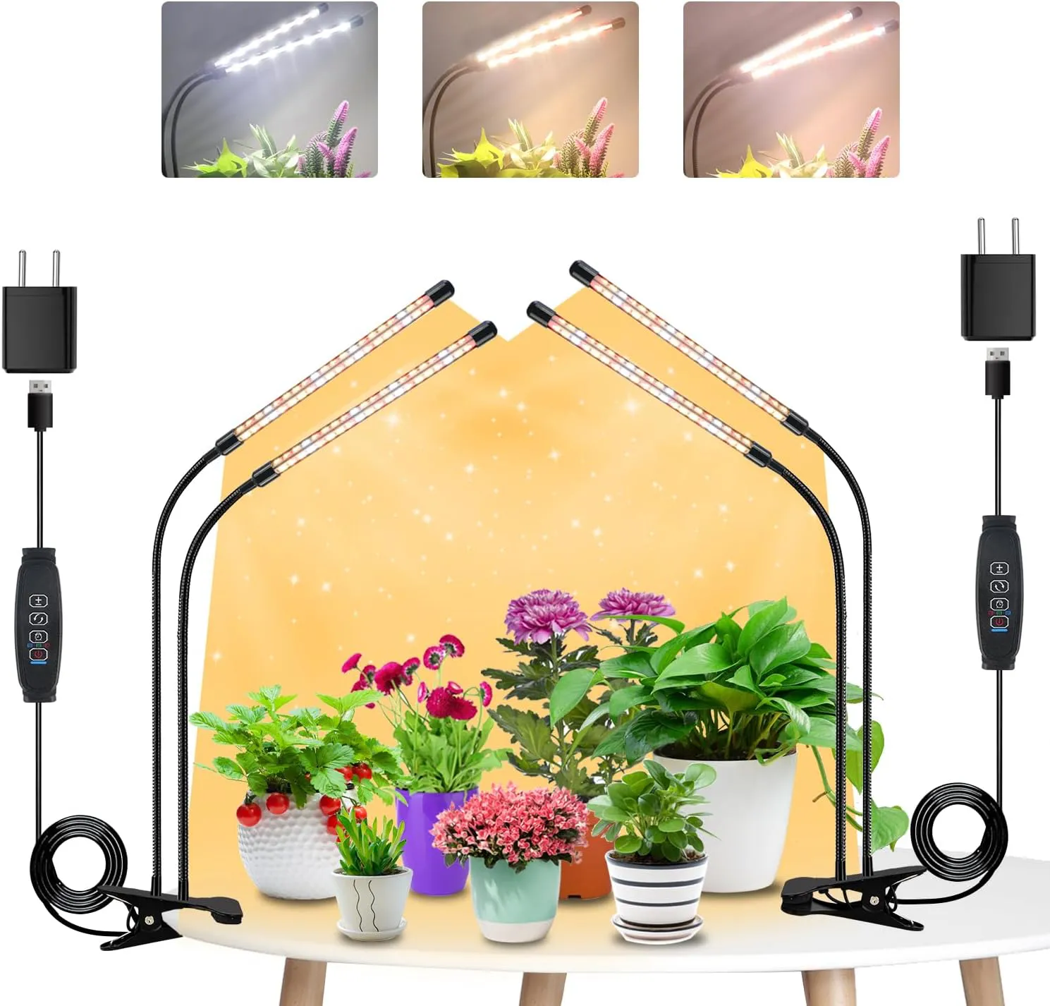 Bild von Pflanzenlampe mit 2 Köpfen und Vollspektrum, Zeitschaltuhr, 3 Farbmodi und 10 Dimmstufen für Zimmerpflanzen