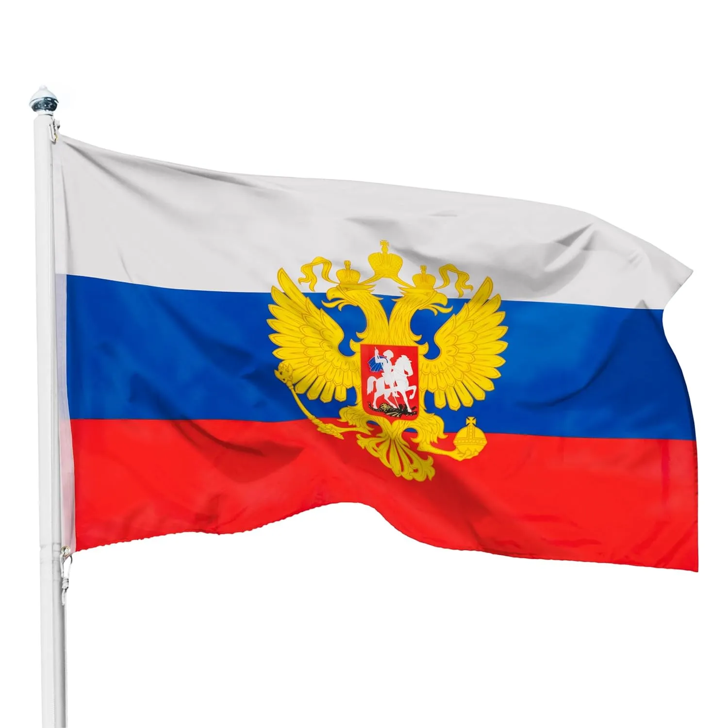 Bild von PHENO FLAGS Russland Flagge mit Wappen in 90x150 cm, wetterfest und reißfest, ideal für Russland-Fans drinnen und draußen