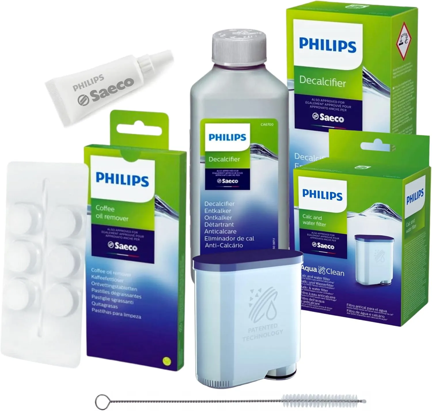 Bild von Philips AquaClean Pflegeset für Kaffeevollautomaten mit Wasserfilter, Entkalker, Schmierfett, Kaffeefettlöser und Reinigungsbürste