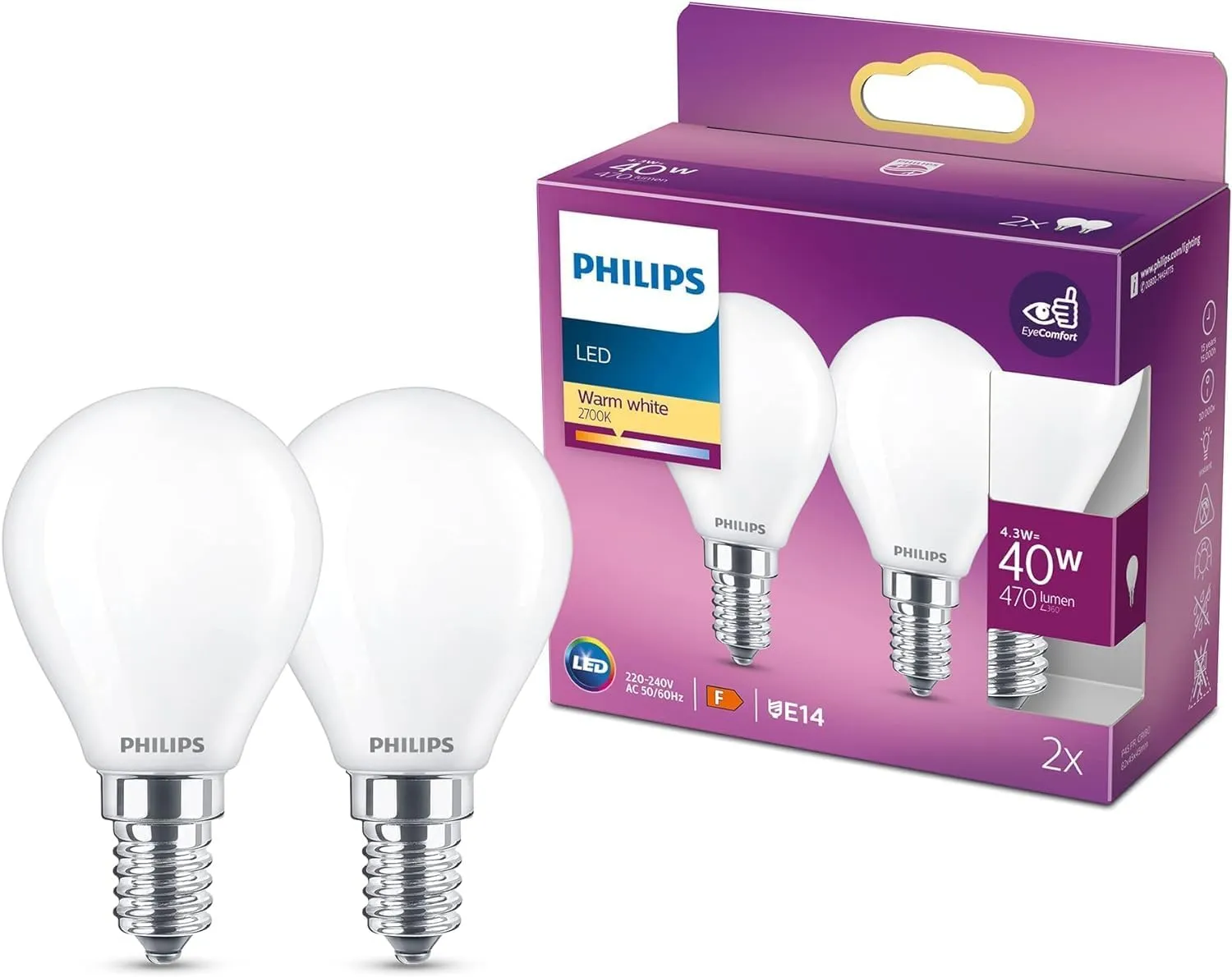 Bild von Philips E14 LED Classic Lampen im 2er Pack mit 40 Watt und warmweißem Licht