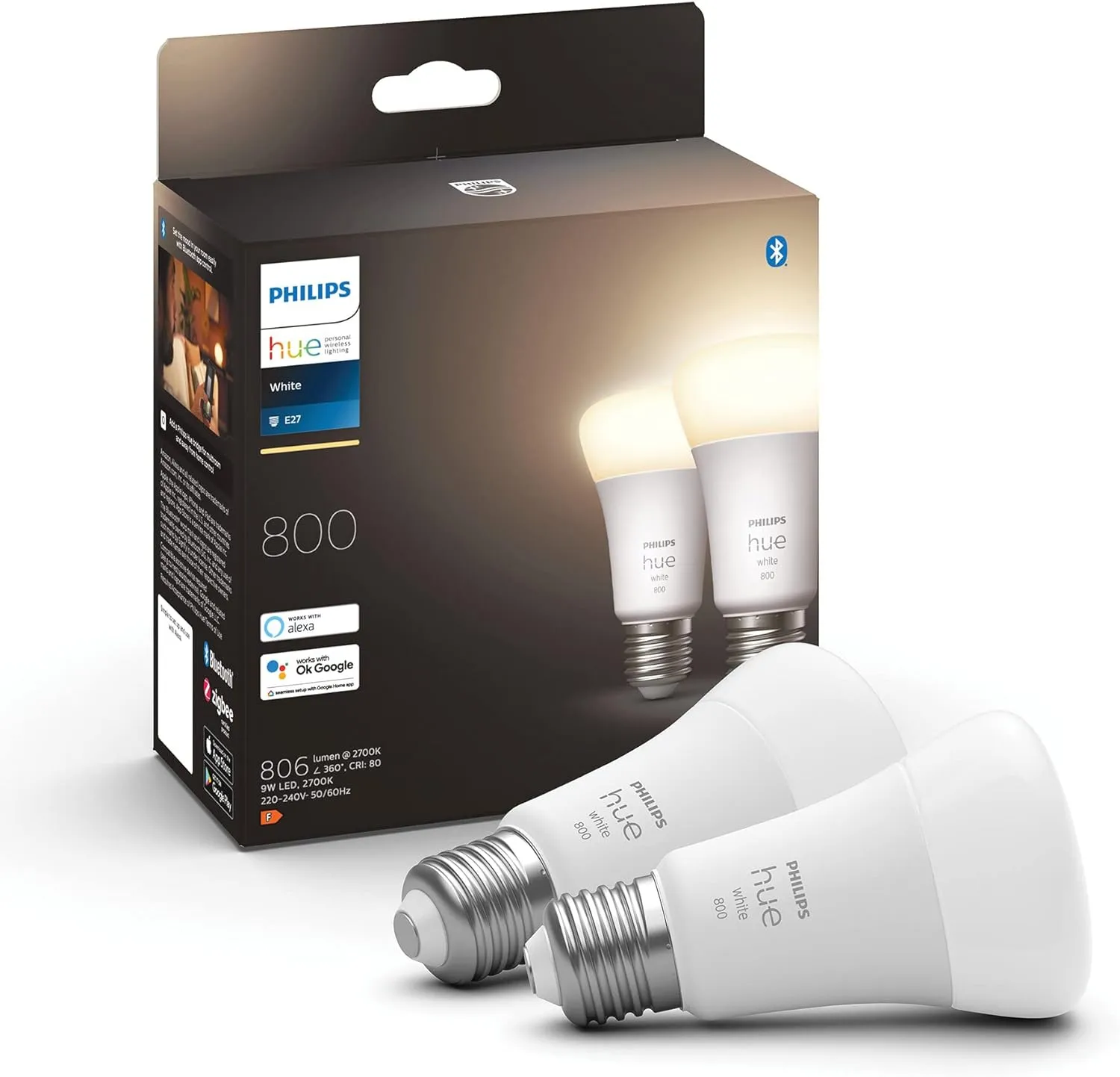 Bild von Philips Hue E27 Doppelpack mit 2 dimmbaren Lampen, 805 Lumen, warmweißem Licht und App-Steuerung, kompatibel mit Amazon Alexa