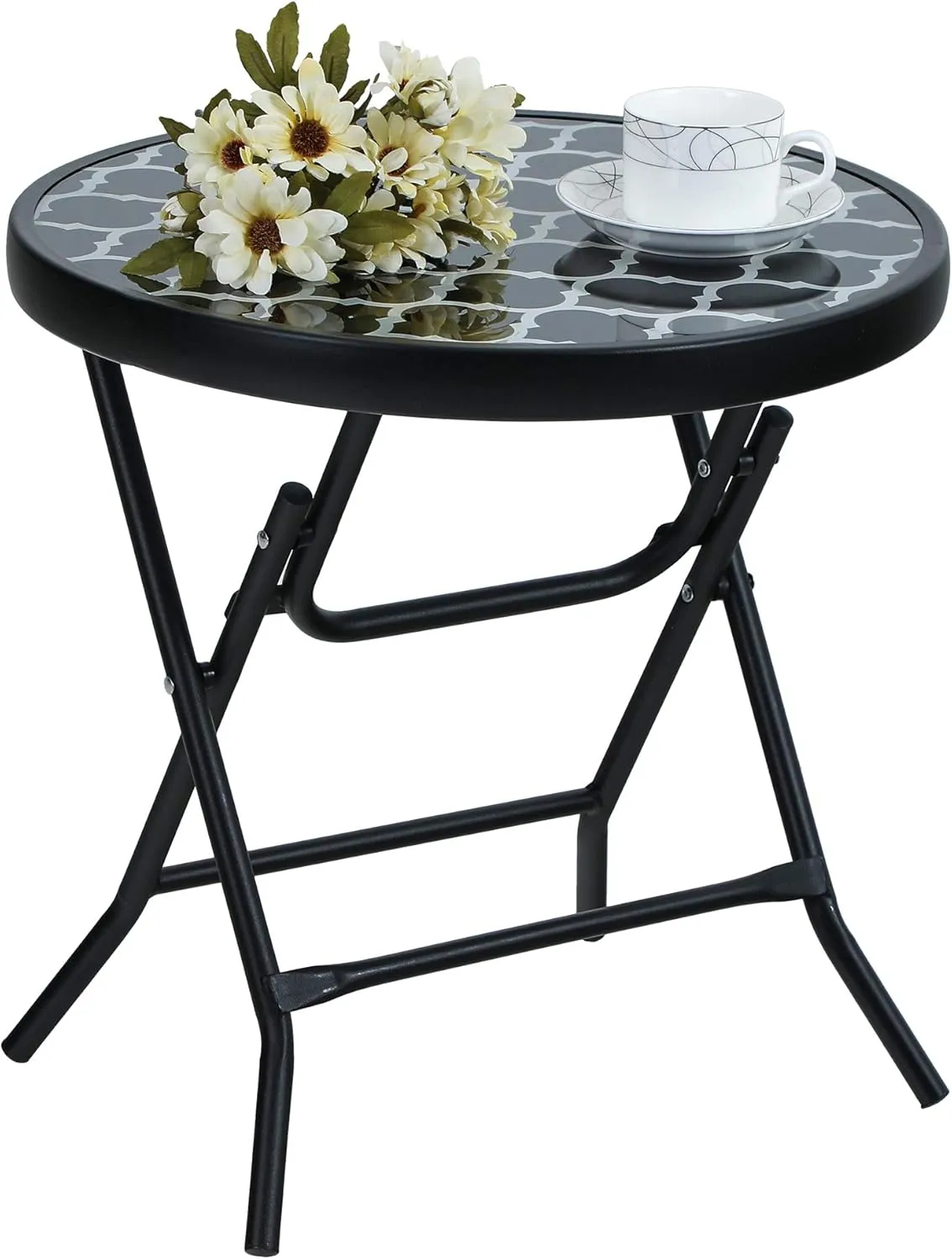 Bild von PHIVILLA Klappbarer runder Beistelltisch aus Glas und Metall für Balkon, Garten und Terrasse