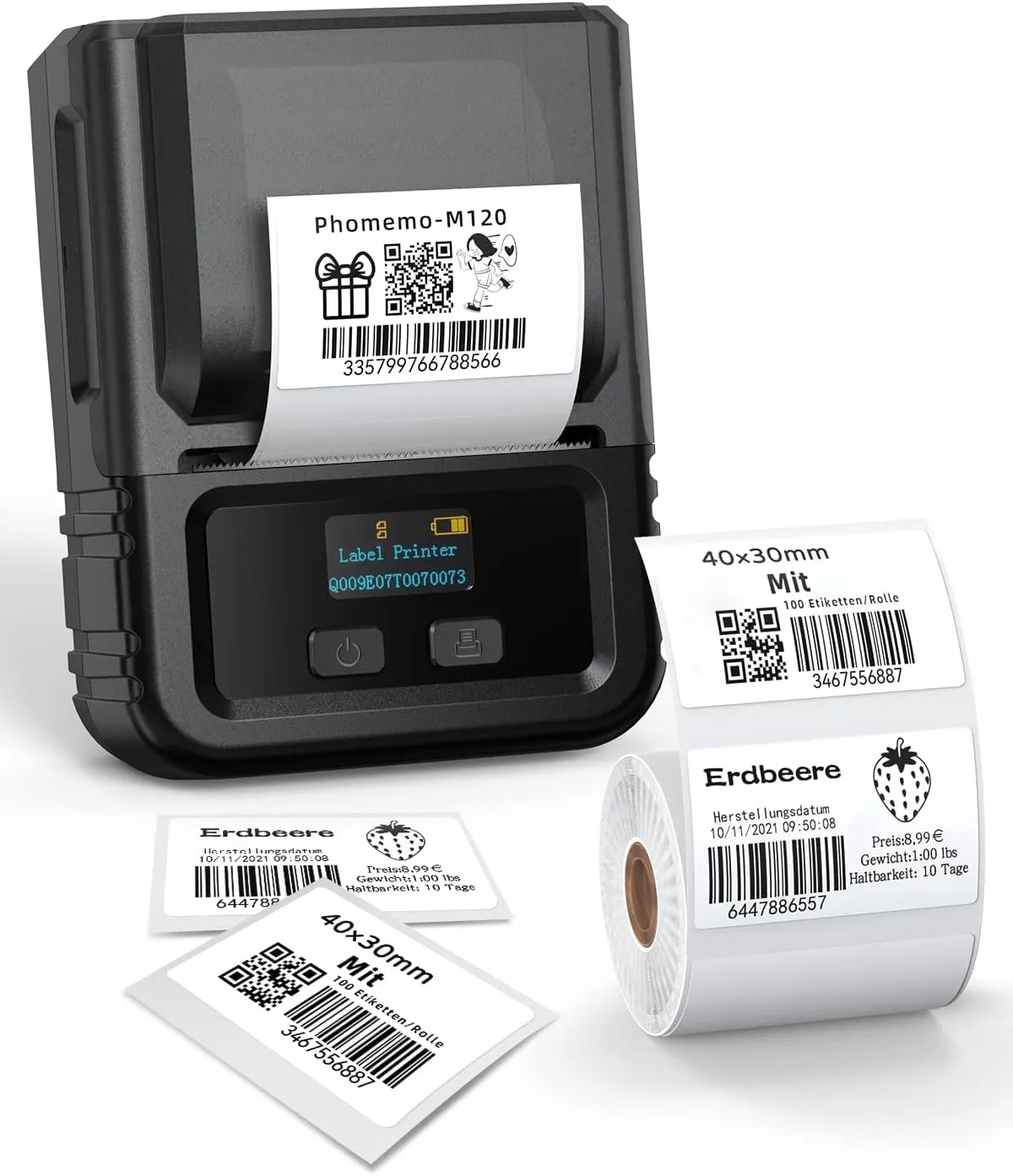 Bild von Phomemo M120 Bluetooth Etikettendrucker für Barcode und QR-Code, kompatibel mit Smartphone und PC, in Schwarz