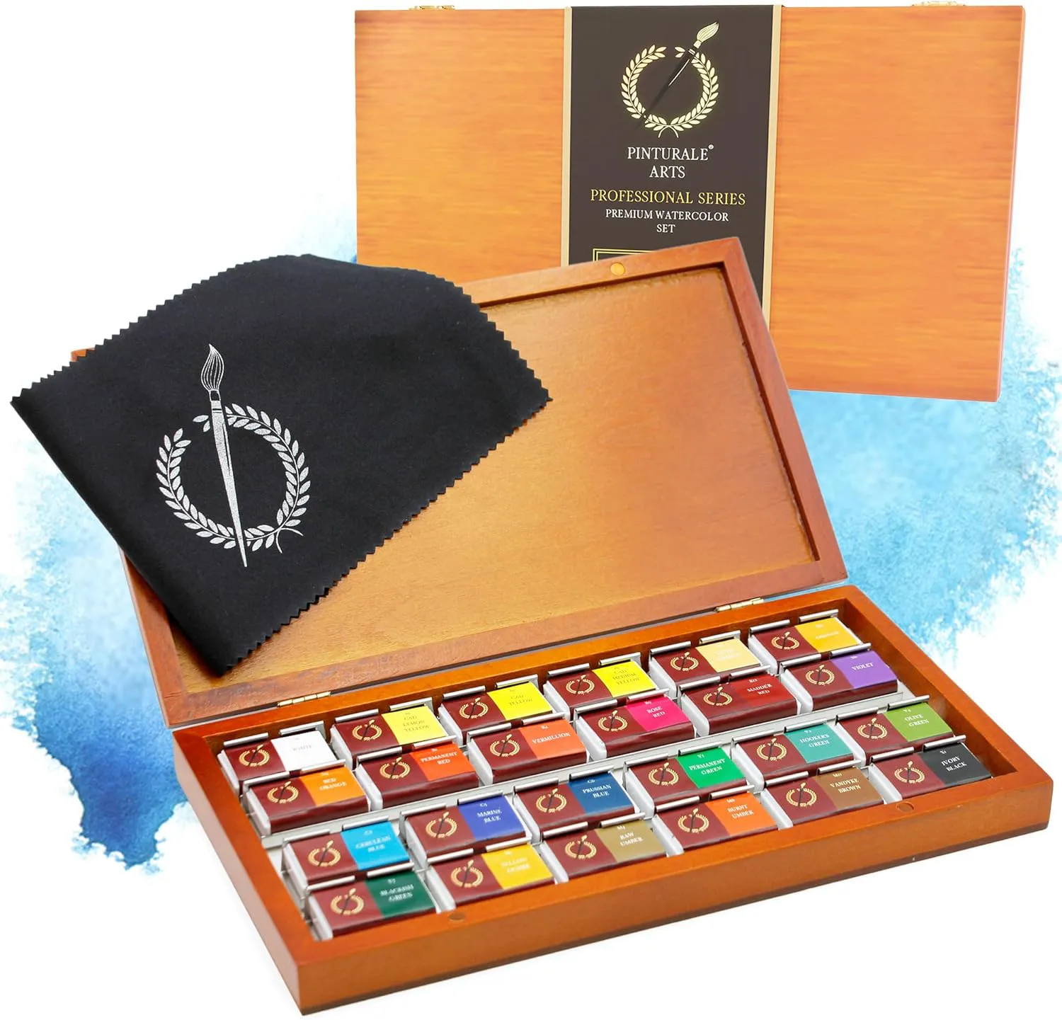 Bild von Pinturale Aquarellfarben Set mit 24 großen Farben, hochwertiger Pigmentierung, Holzkiste und Tuch für Künstler