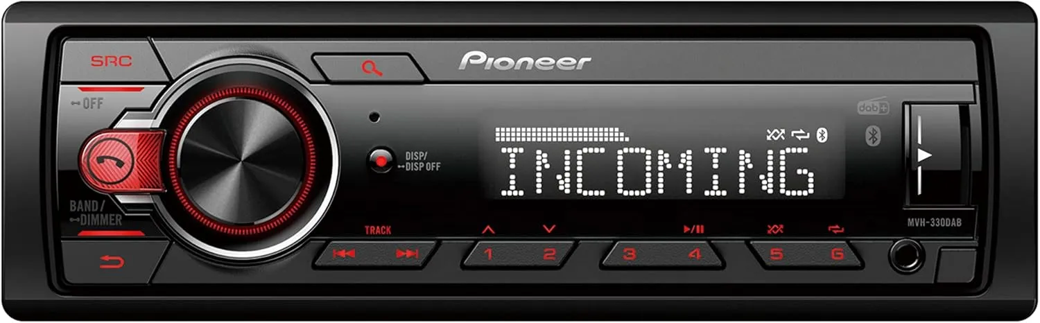 Bild von Pioneer MVH-330DAB-AN Autoradio 1DIN mit DAB+, USB, AUX, Bluetooth und geringer Einbautiefe in Rot und Weiß