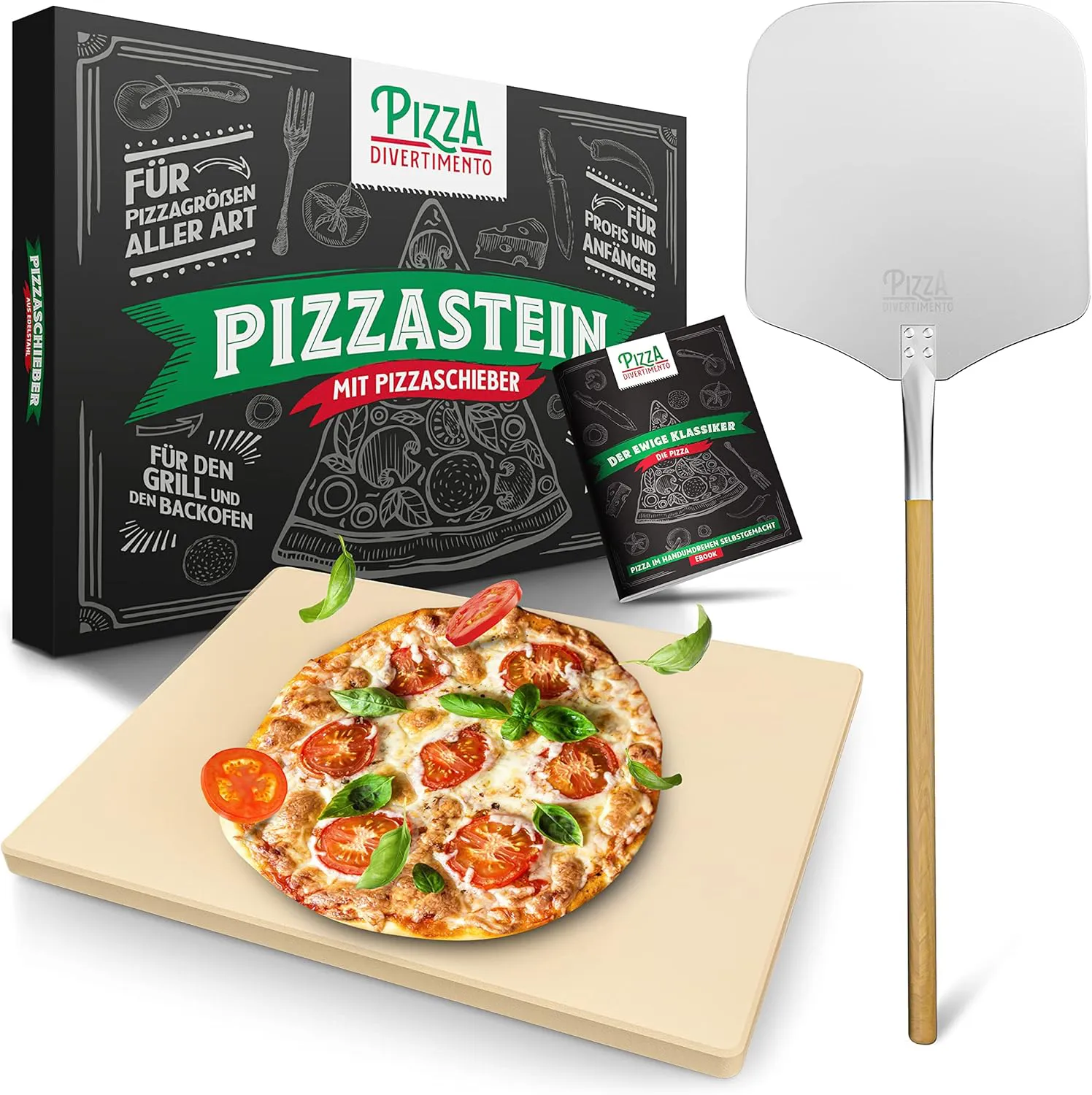 Bild von Pizza Divertimento Pizzastein für Backofen und Gasgrill mit Pizzaschieber und e-Rezeptbuch