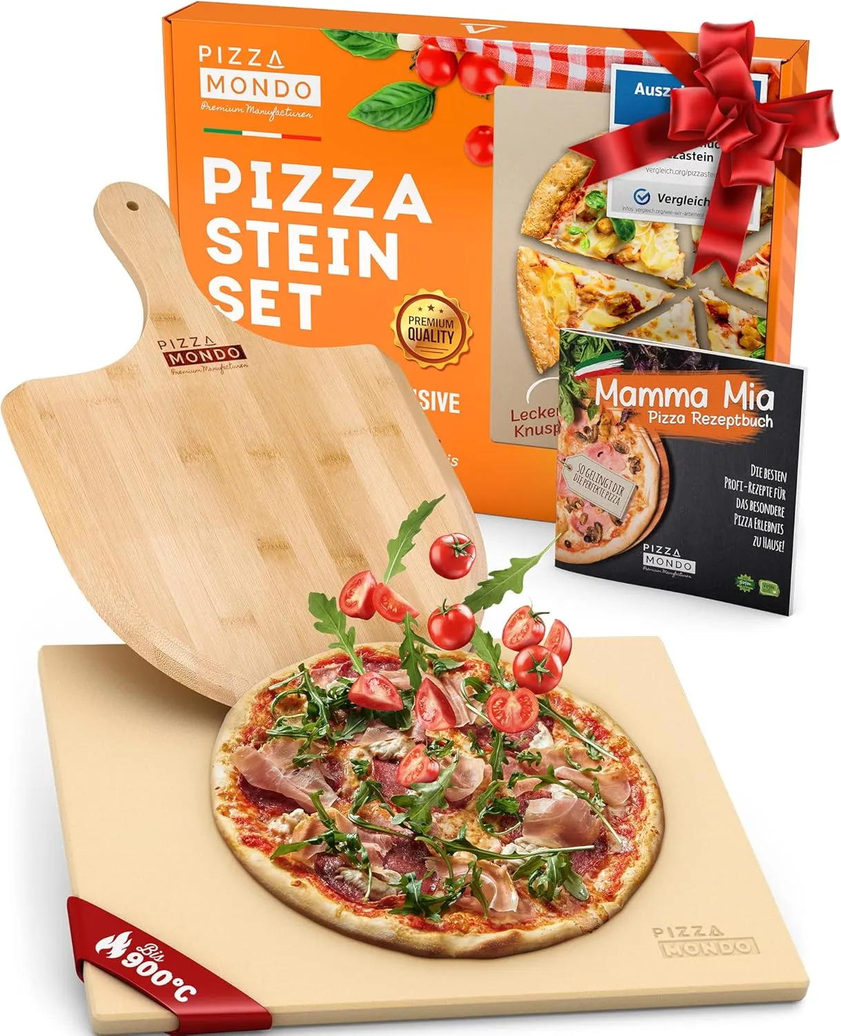 Bild von Pizza Mondo Pizzastein für Backofen und Grill mit Pizzaheber und Rezeptbuch, eckig und 1,5 cm dick
