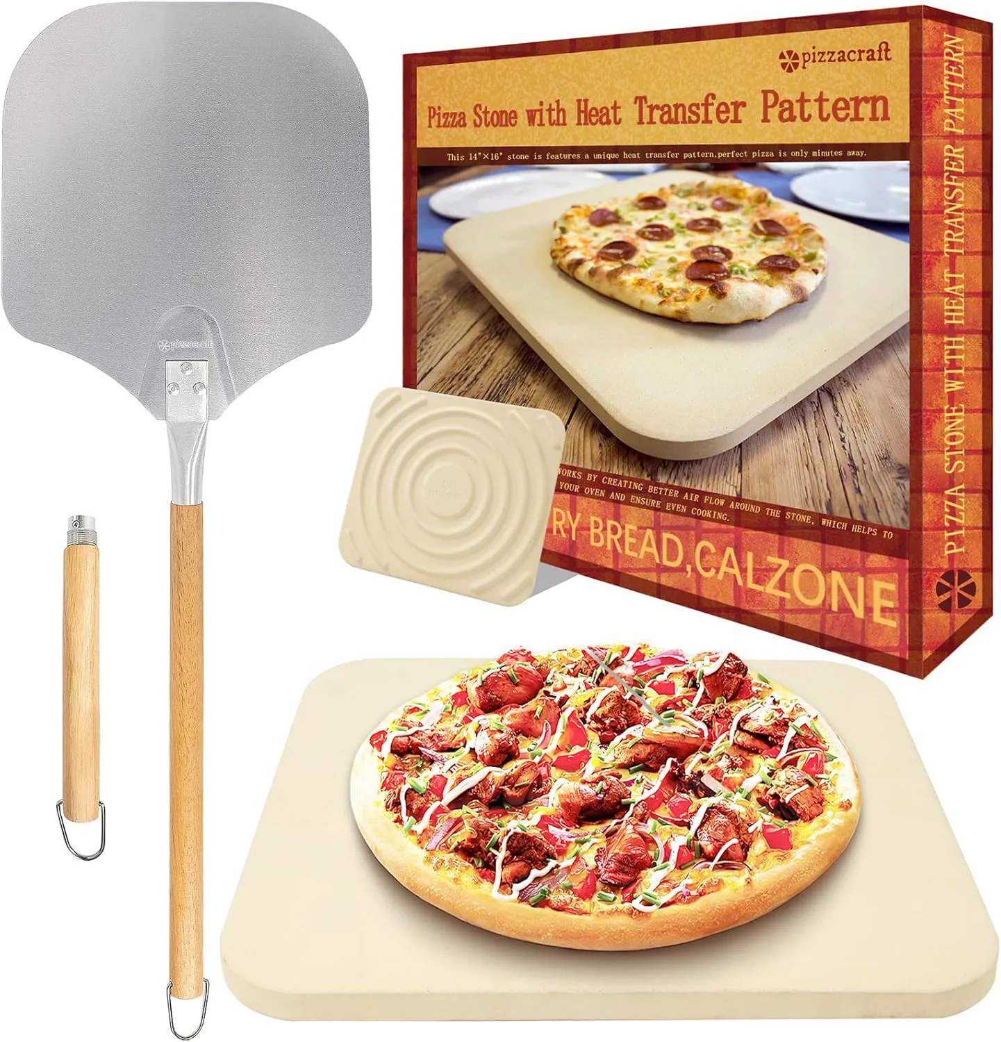 Bild von Pizzastein aus Cordierit mit Pizzaschieber für Backofen und Grill