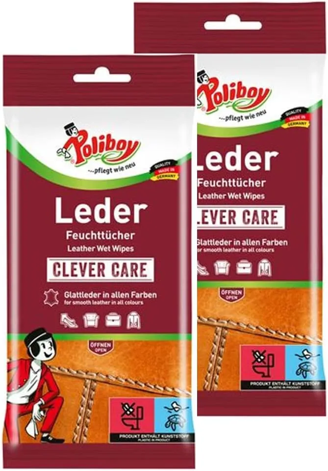 Bild von POLIBOY Leder Feuchttücher zur Pflege von Glattleder im Doppelpack mit 40 Tüchern und Produktprobe, hergestellt in Deutschland