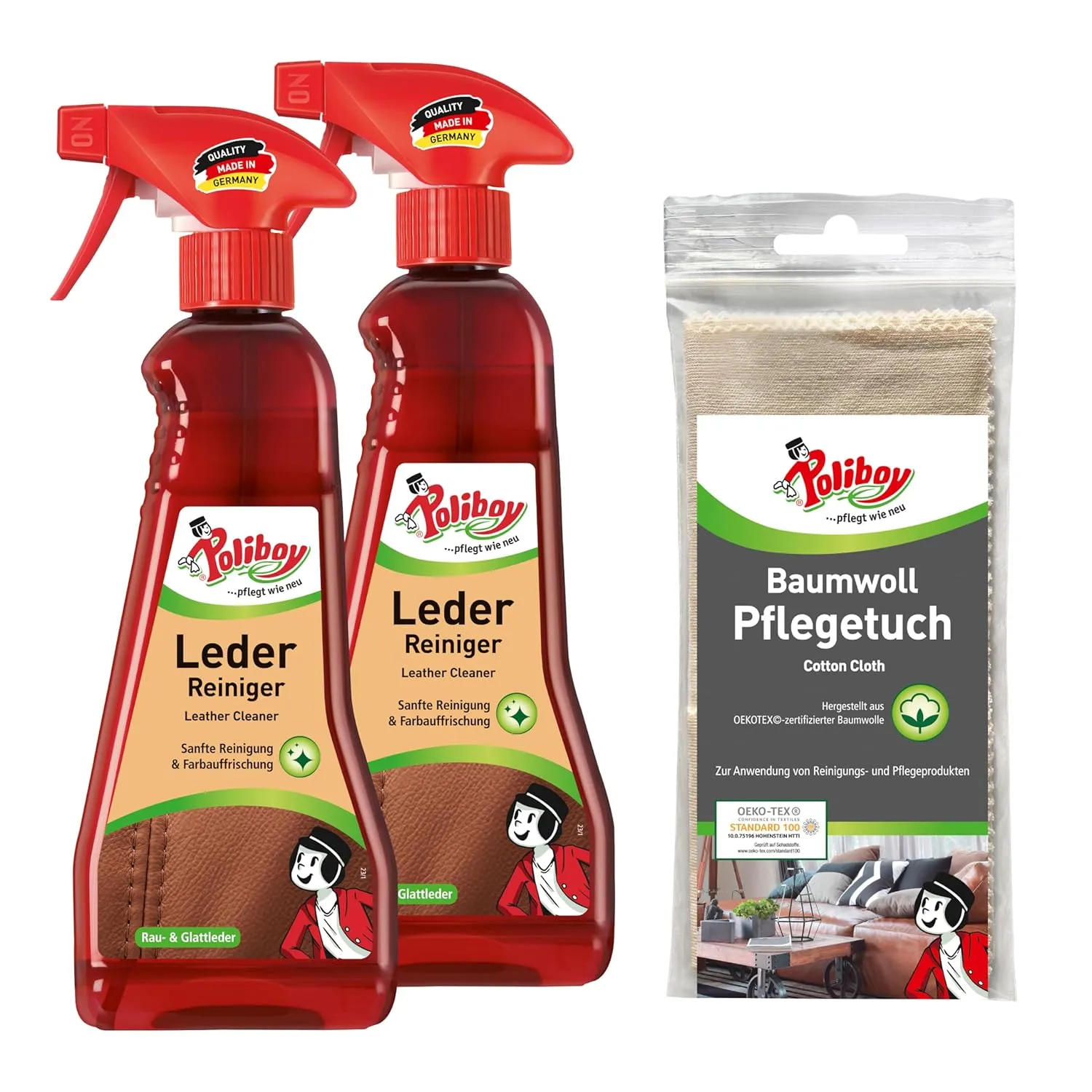 Bild von POLIBOY Leder Reiniger Set mit 2 x 375 ml und Baumwolltuch zur Reinigung von Glattleder und Rauleder, Made in Germany