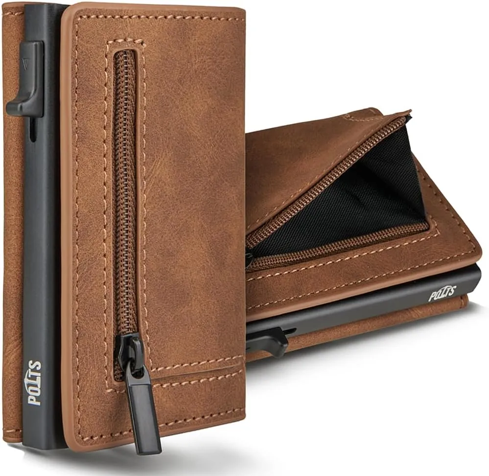 Bild von POTTS Herren Geldbörse aus veganem Leder in Braun mit Slim Wallet Design, Münzfach, Magnetverschluss und RFID-Schutz, inklusive Geschenkbox