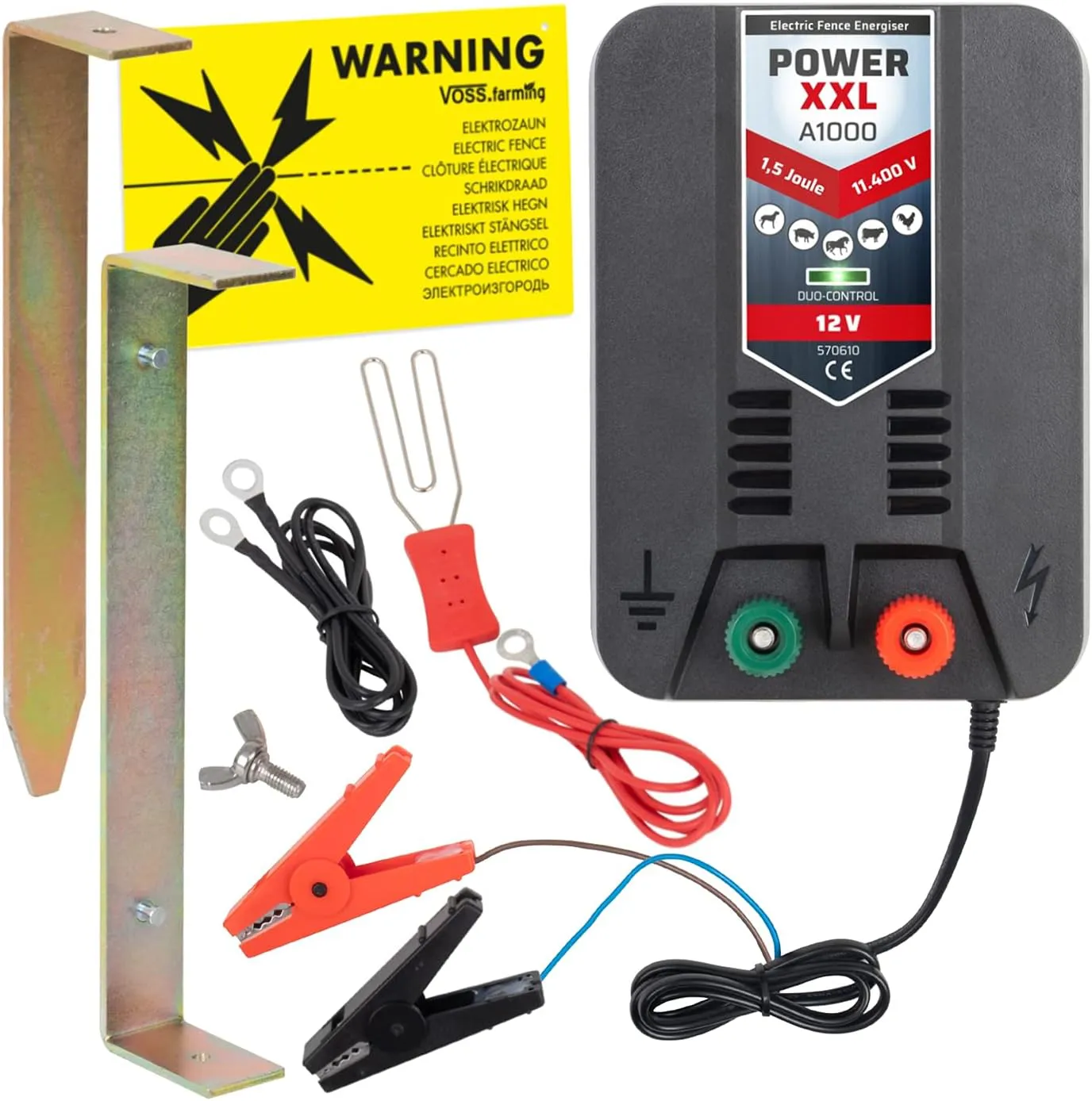 Bild von Power XXL A1000 Set 12V Elektrozaungerät für mittlere Einzäunungen mit Zubehör und 11.400 Volt, 1,47 Joule
