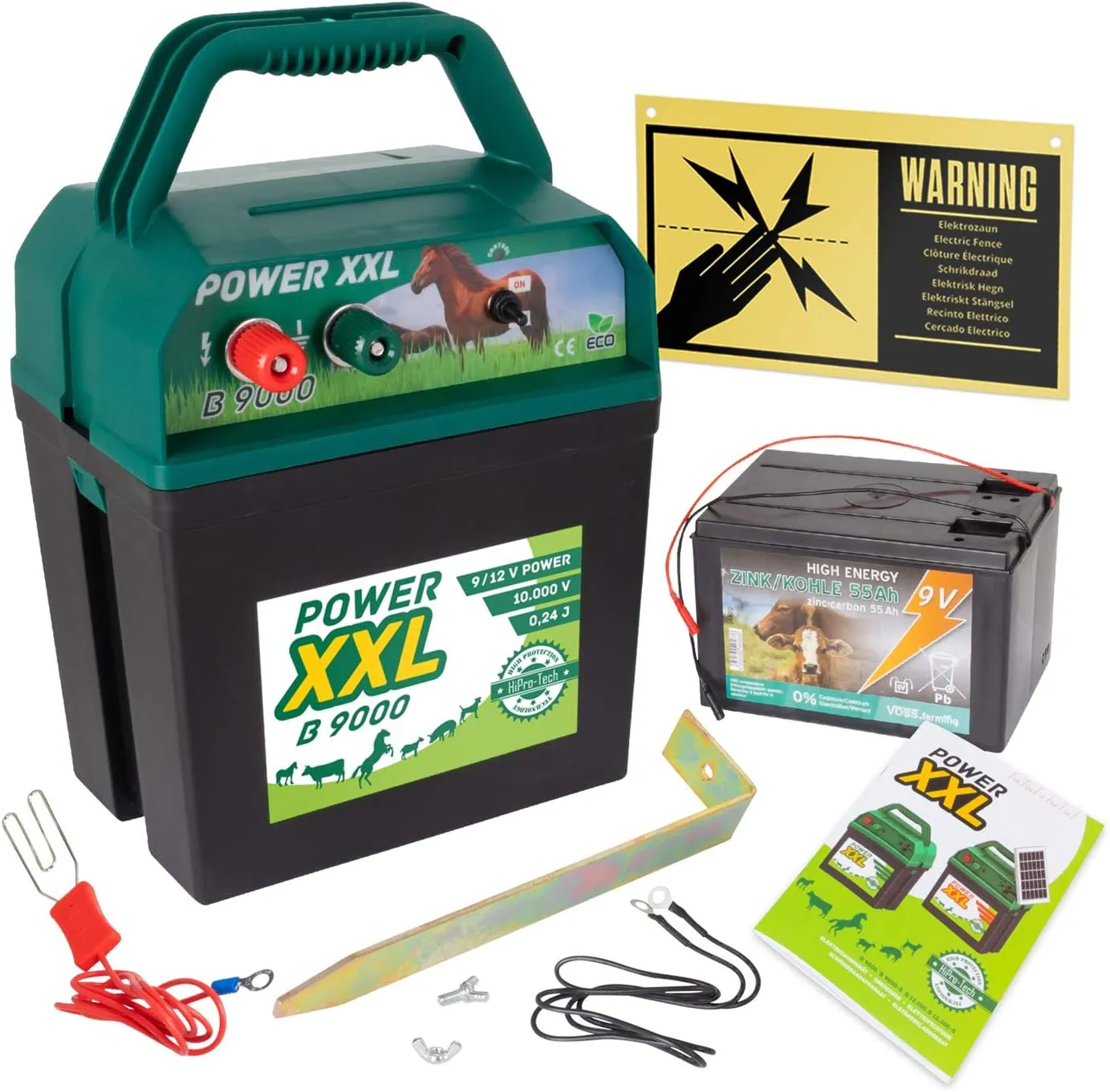 Bild von Power XXL B 9000 Weidezaungerät Set mit 9V/12V, Batterie und Warnschild für Pferde, Ponys und Rinder