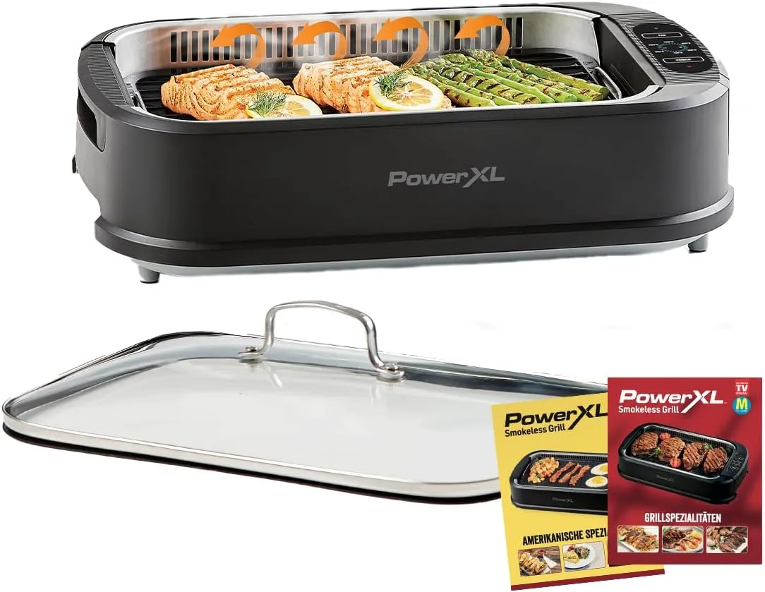 Bild von PowerXL Smokeless Grill mit 1500 Watt, Antihaftbeschichtung, Thermoglasdeckel und Aromafunktion für rauchfreies Grillen drinnen