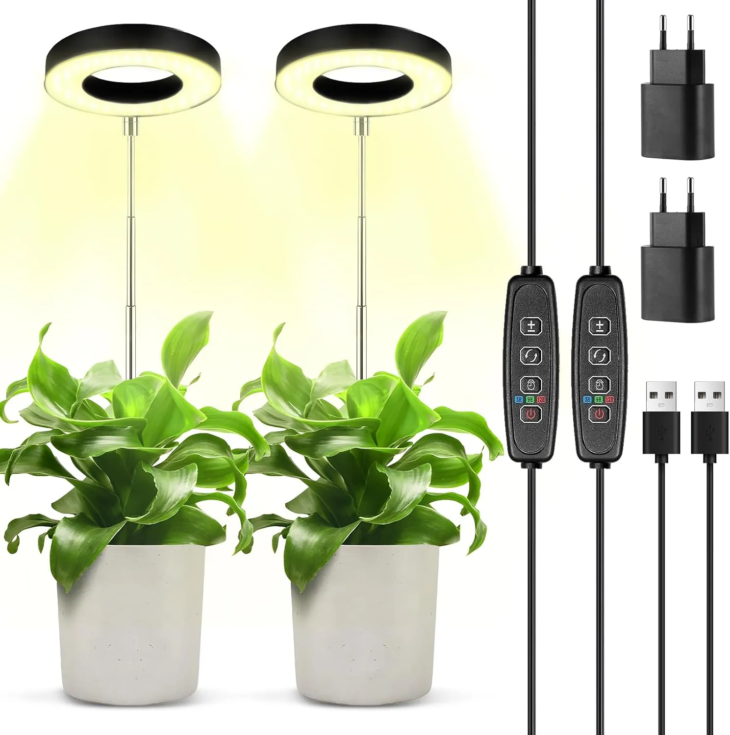 Bild von POWZOO 2er Set LED Pflanzenlampe mit Vollspektrum und 48 LEDs, höhenverstellbar, Auto-Timer und 9 Helligkeitsstufen für Indoor-Gartenpflanzen