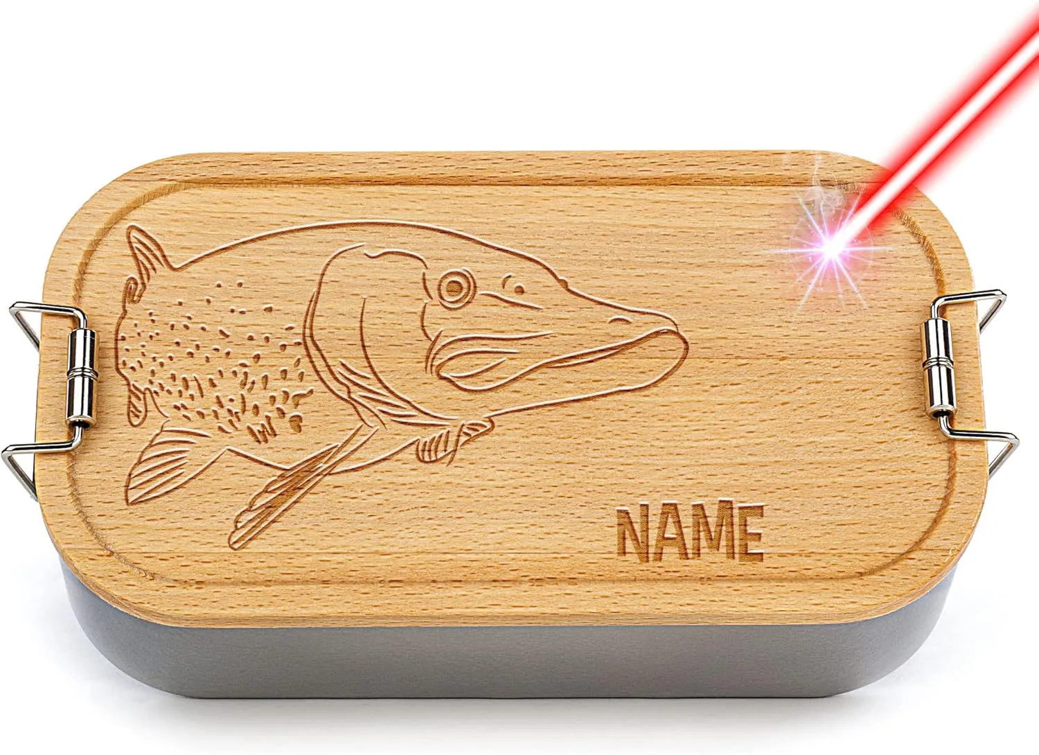 Bild von PR Print Royal Brotdose mit Gravur für Angler, personalisierbar mit Namen, 600 ml, Holzdeckel, BPA-frei