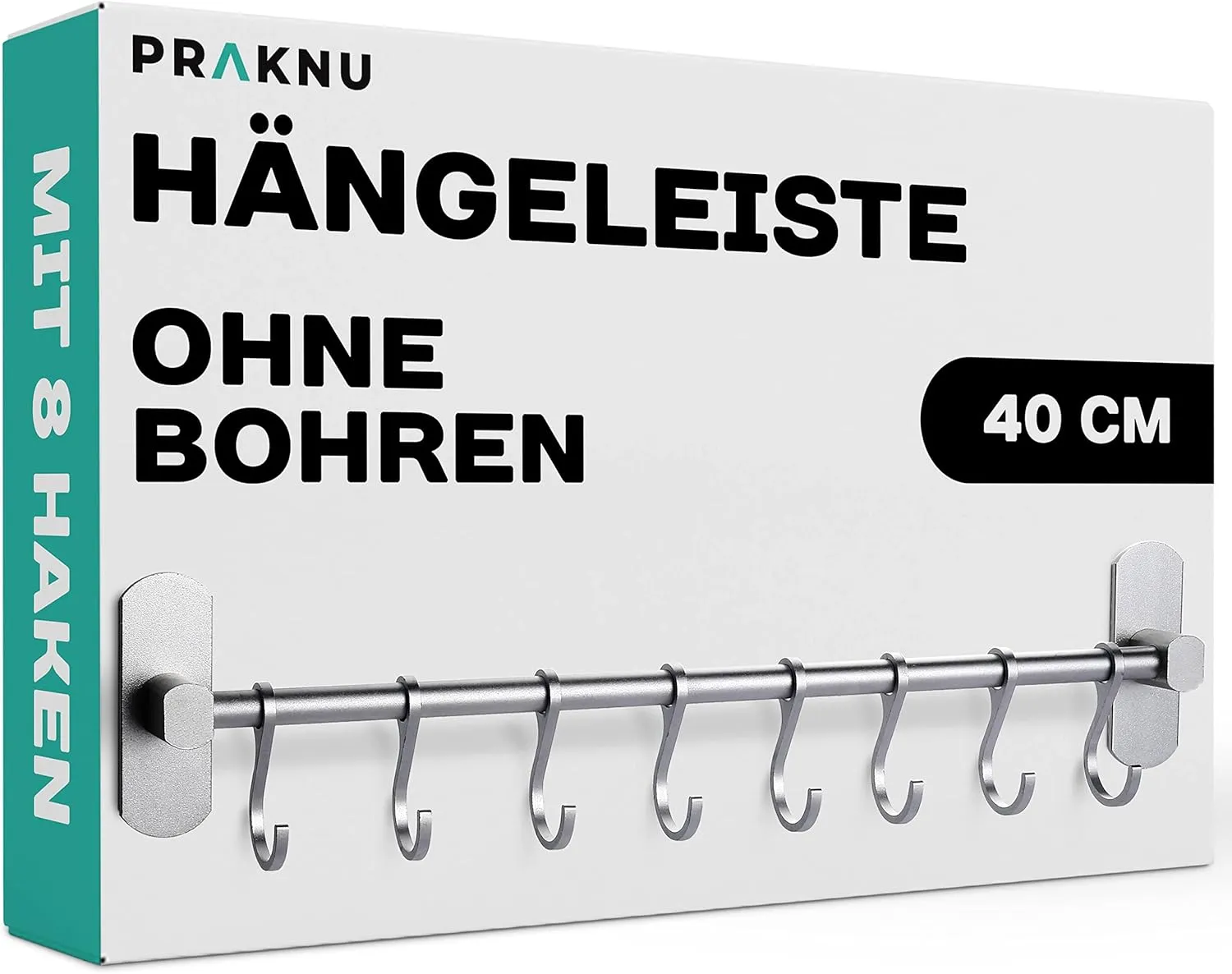 Bild von Praknu Hakenleiste mit 8 verstellbaren selbstklebenden Haken aus Aluminium, 40 cm für Küchenutensilien
