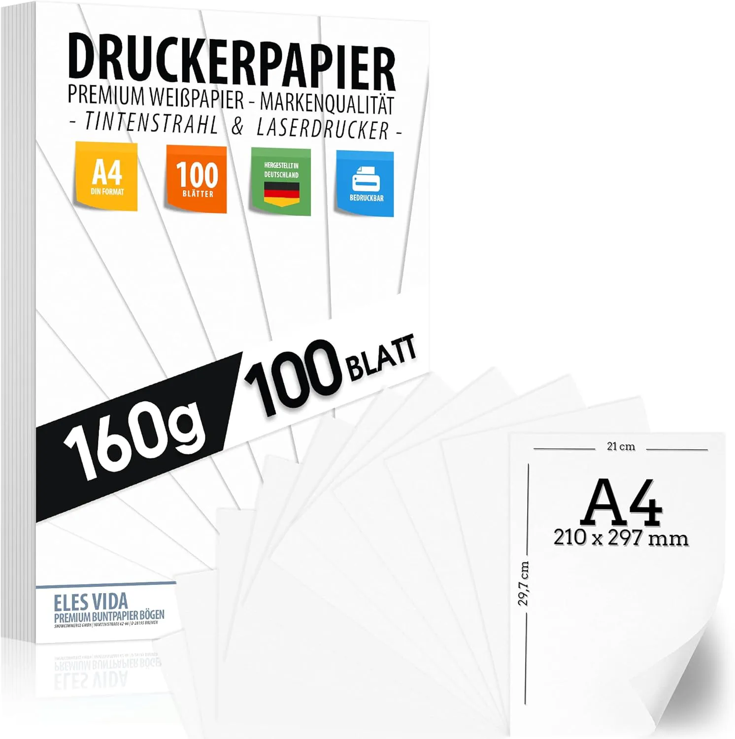 Bild von Premium Druckerpapier 160g/m² in Reinweiß, 100 Blatt, DIN A4 für Fotografie, Präsentationen und Basteln, Made in Germany