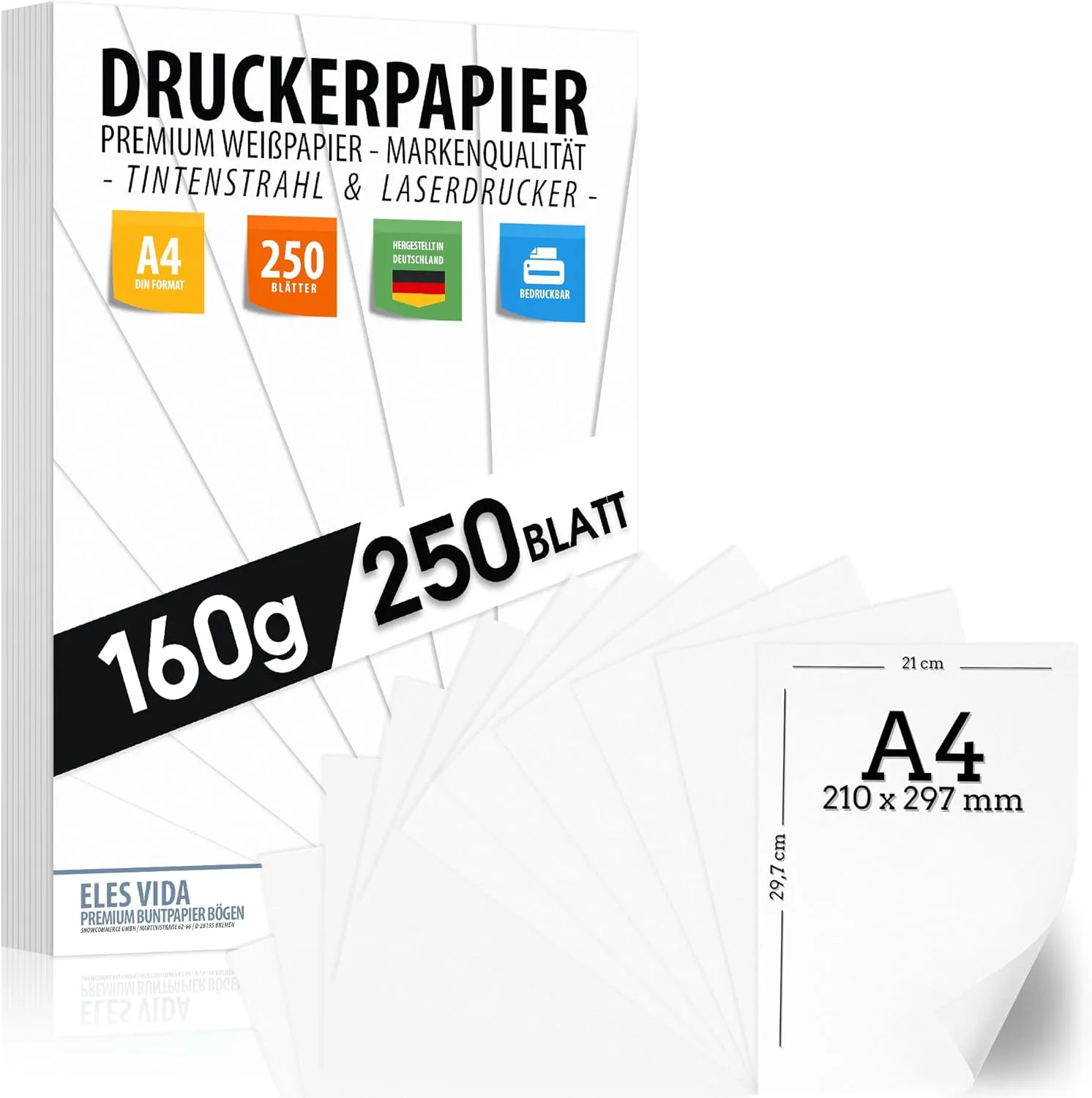 Bild von Premium Druckerpapier A4 160g in Reinweiß, 250 Blatt für Uni, Fotografie, Präsentationen und Basteln