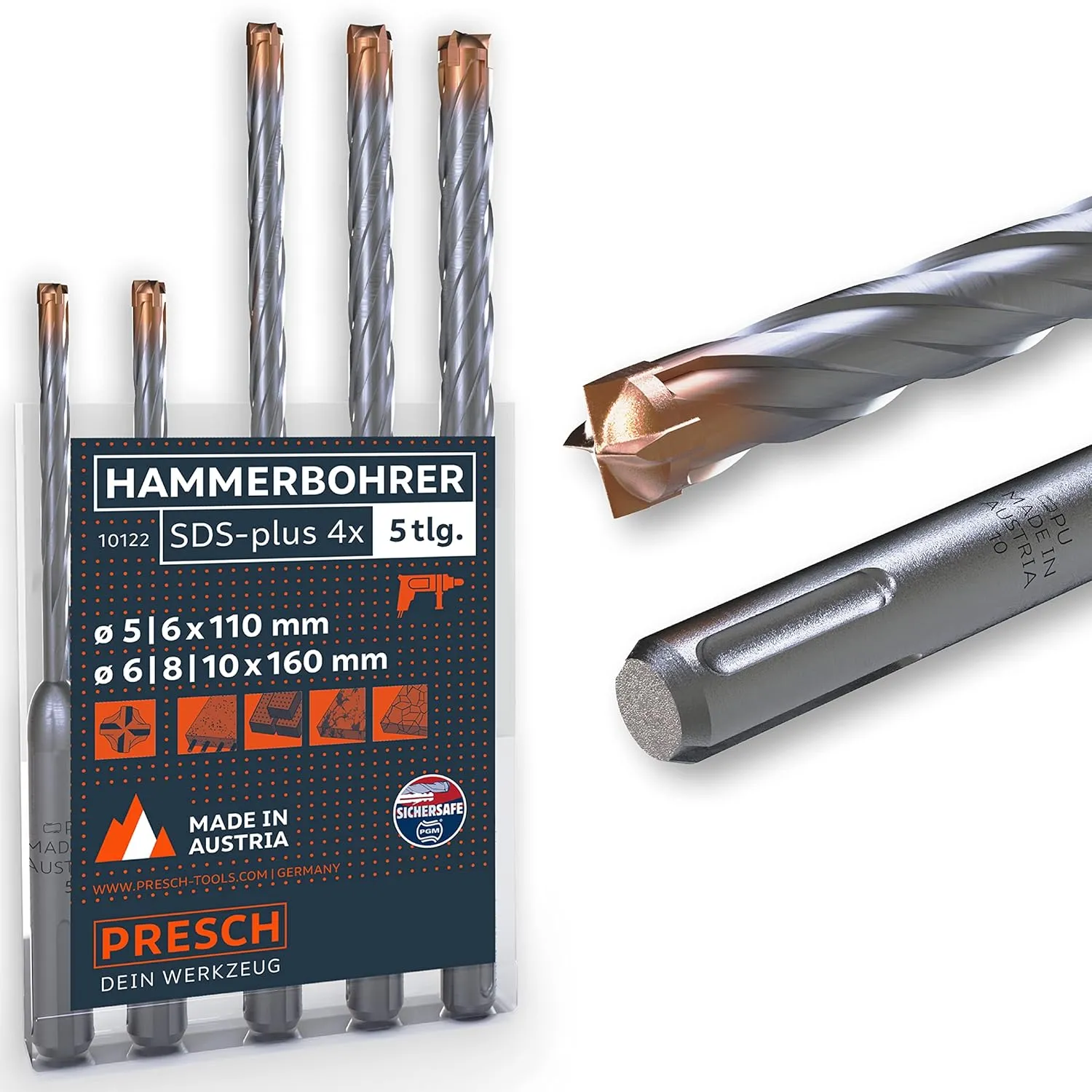 Bild von Presch SDS Plus Bohrer Set mit 4 bis 5 Teilen für Stahlbeton, Stein und Mauerwerk, Durchmesser 5 bis 10 mm, mit Dübellängenindikator