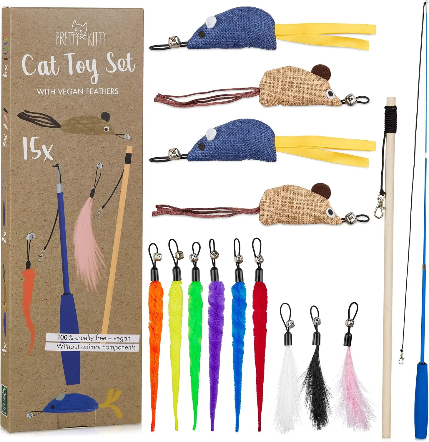 Bild von Pretty Kitty Katzenspielzeug Set mit 15 Teilen, inklusive Katzenangel, Kunstfedern und Katzenminze