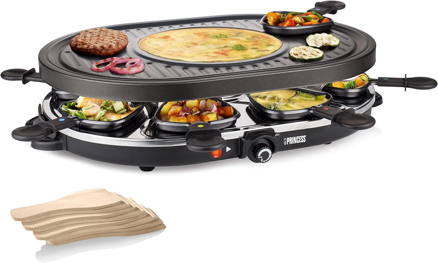 Bild von Princess 162700 Raclette Grill oval mit 8 Pfannen und Crépes Bereich, 1200 Watt, 42 x 30 cm, schwarz, Edelstahl