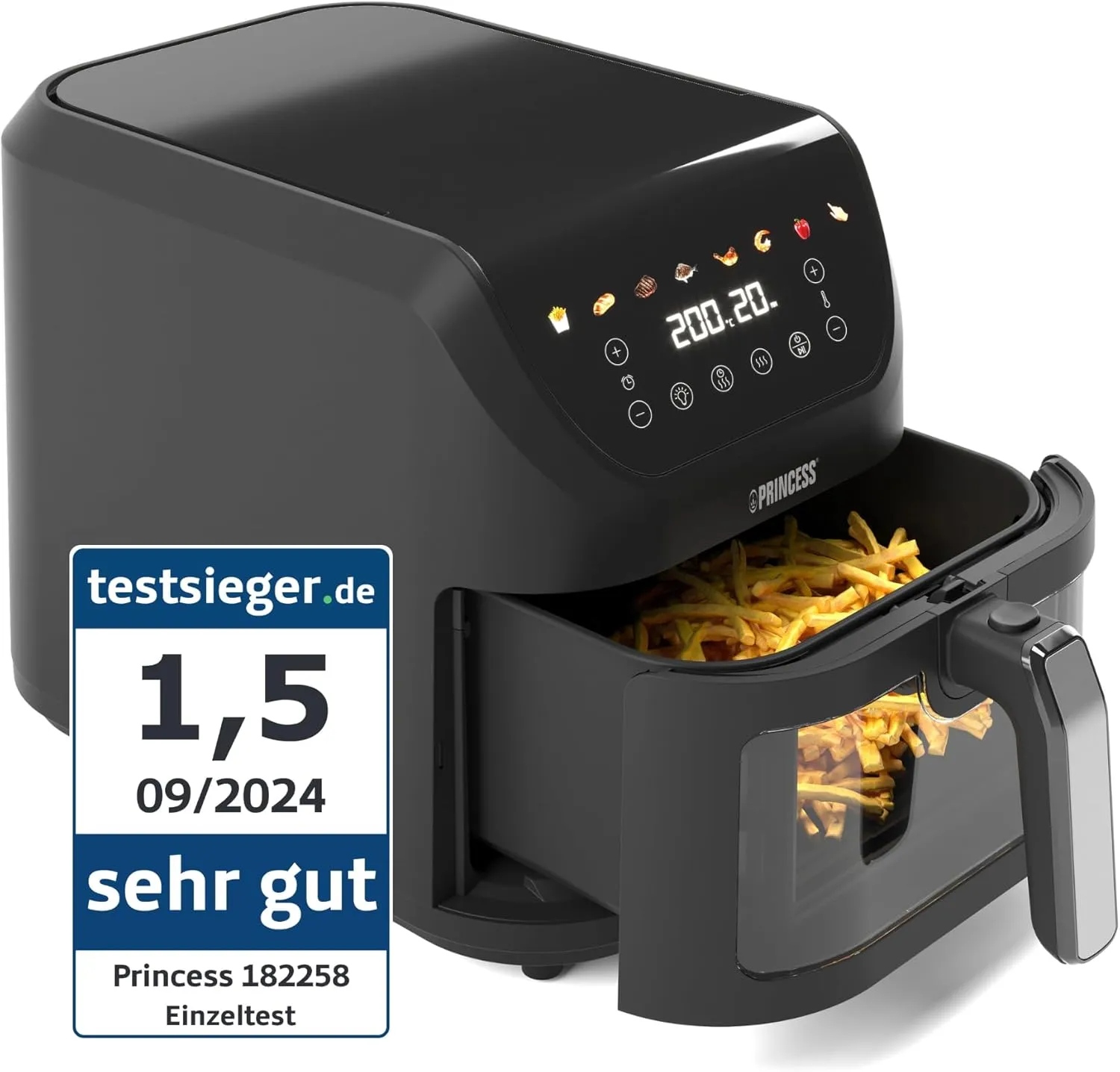Bild von Princess SlimFry Heißluftfritteuse 8 Liter mit 2000 Watt, 8 Programmen und Sichtfenster, leise im Betrieb, Modell 01.182258.01.001