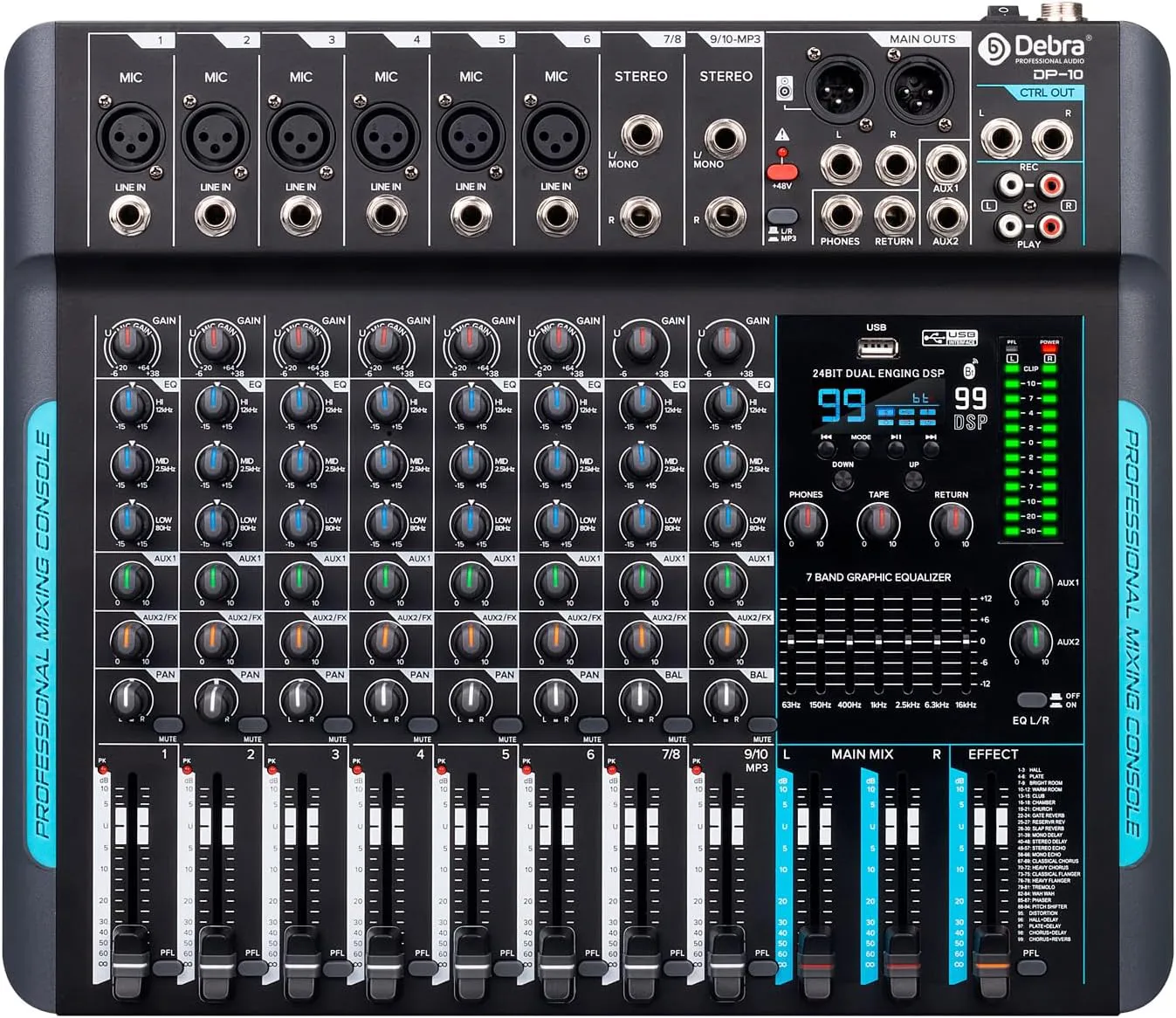Bild von Professioneller 10 Kanal Audio Mixer mit 99 DSP Effekten, USB-Anschluss und 48 V Phantomspeisung