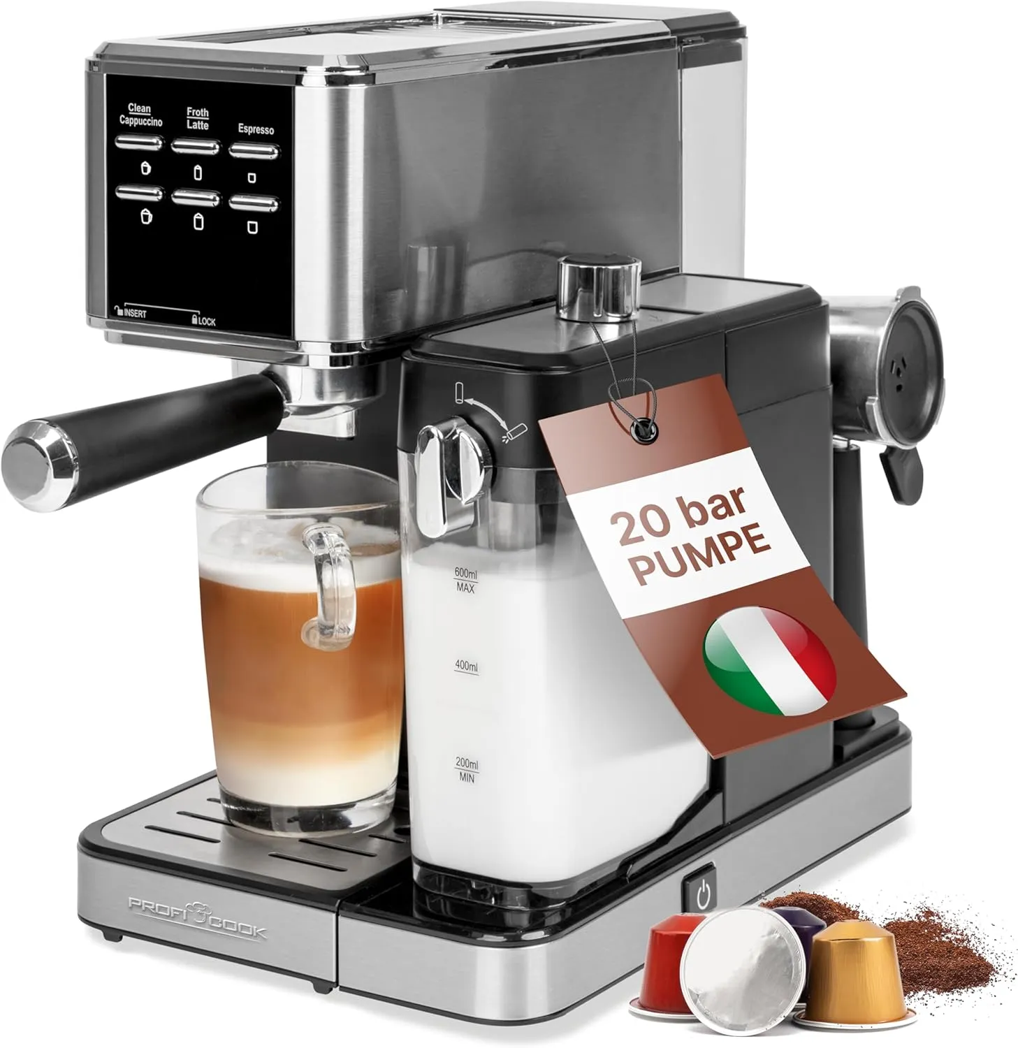 Bild von ProfiCook PC-ES 1266 Espressomaschine 2in1 für Kaffeepulver und Nespresso Kapseln mit 20 bar Druck und Milchsystem für Milchkaffee und Cappuccino