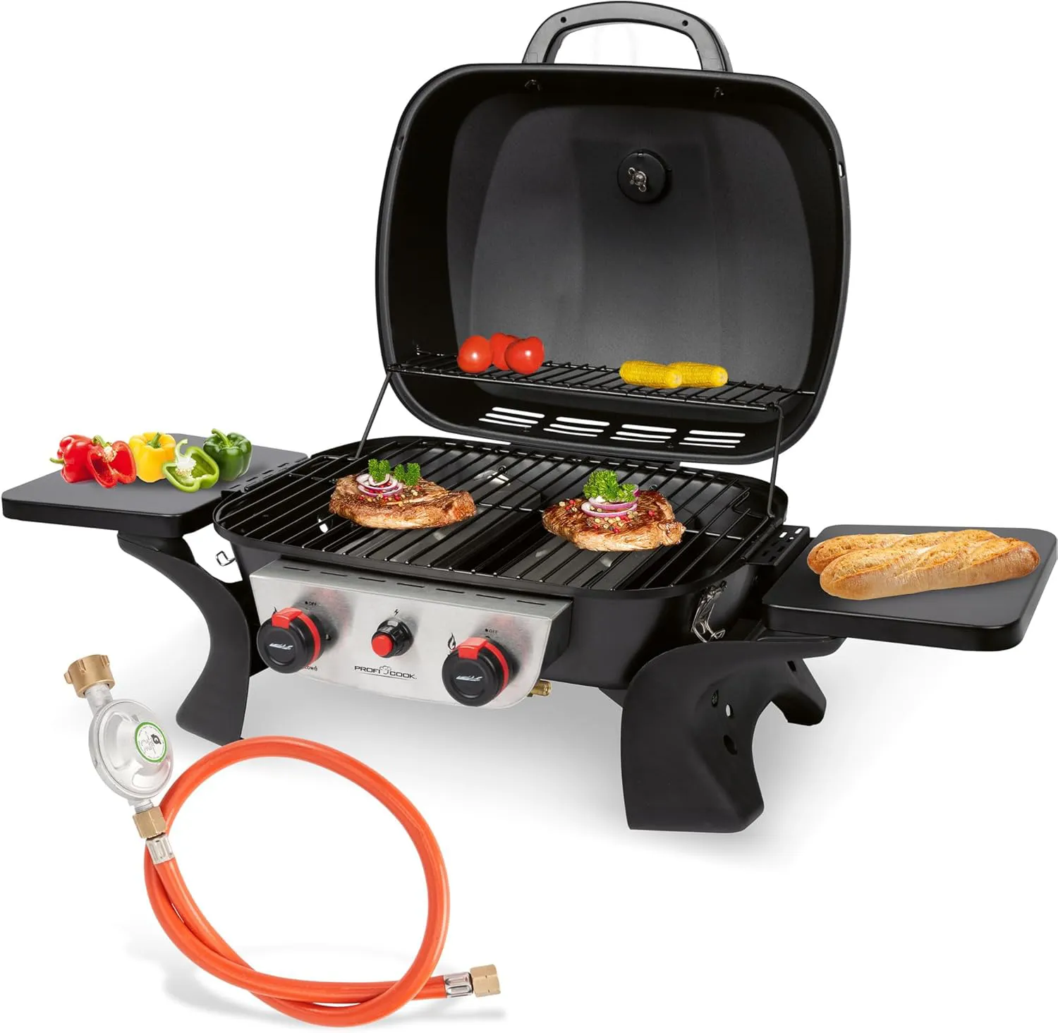 Bild von ProfiCook PC GG 1261 Gasgrill mit 2 Edelstahlbrennern, inklusive Gasdruckminderer und Gasschlauch, ideal für Balkon und Camping